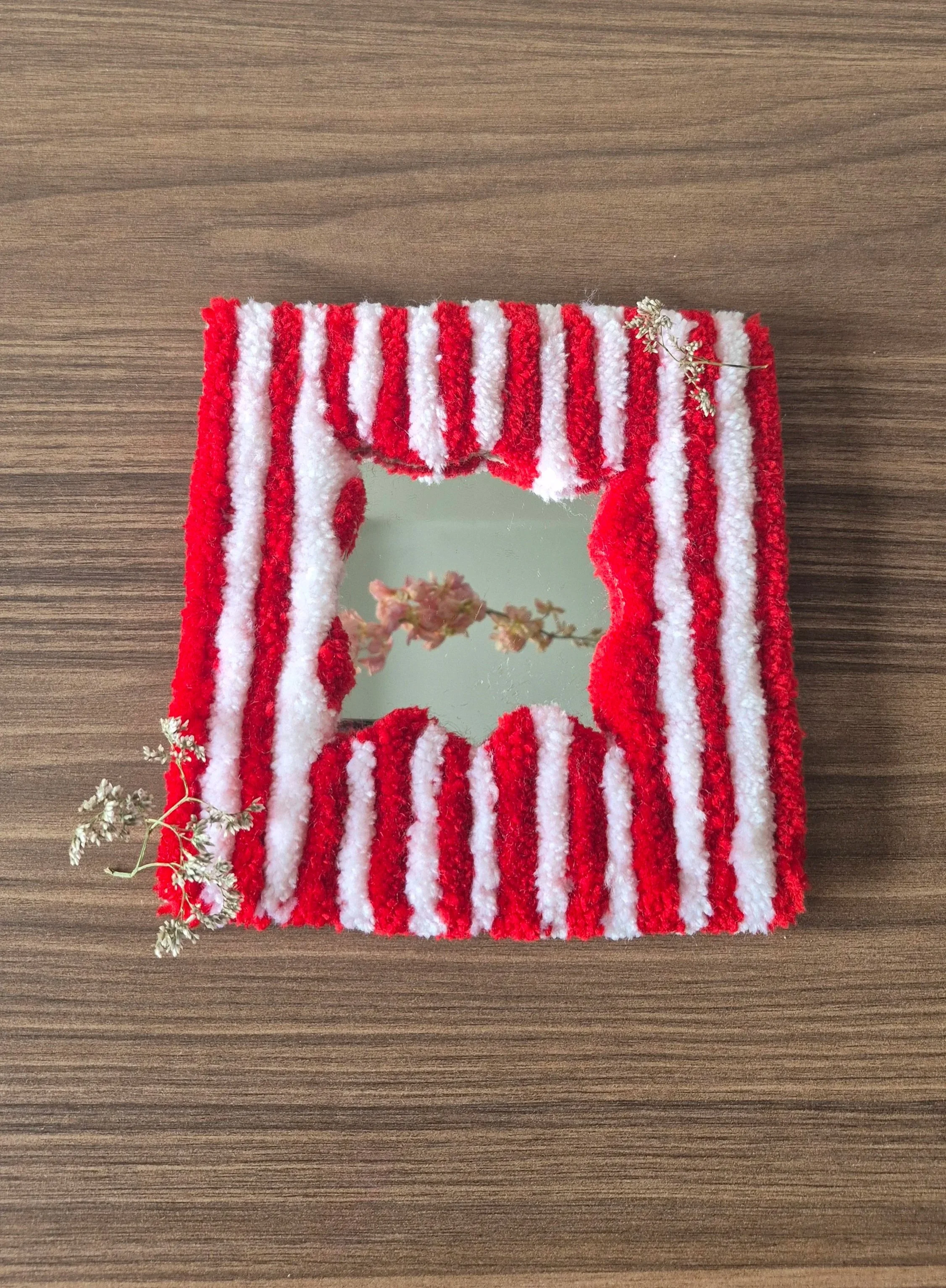 Red and White Striped Mirror - Tufted Wall Art