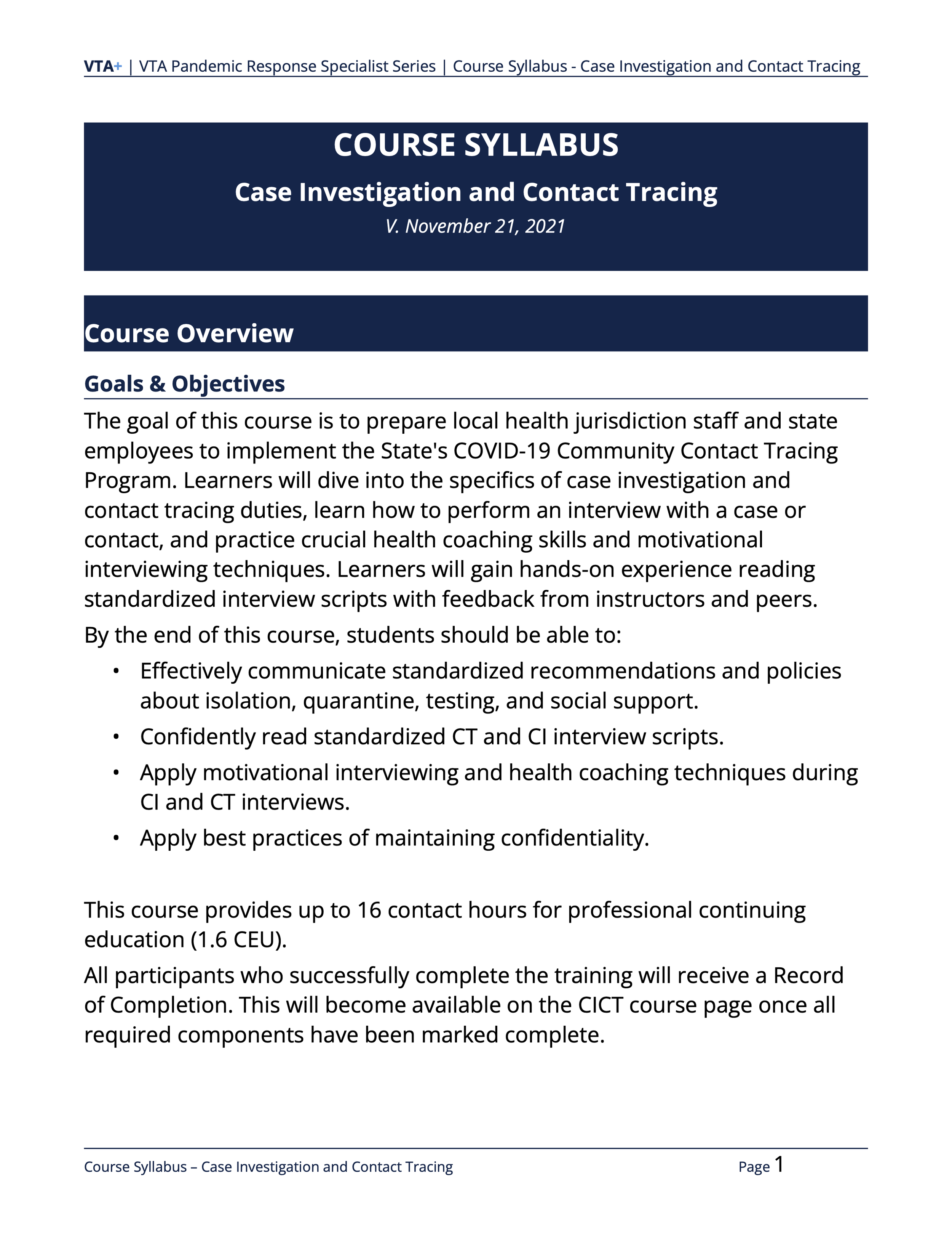 Screenshot of first page of course syllabus for CICT course