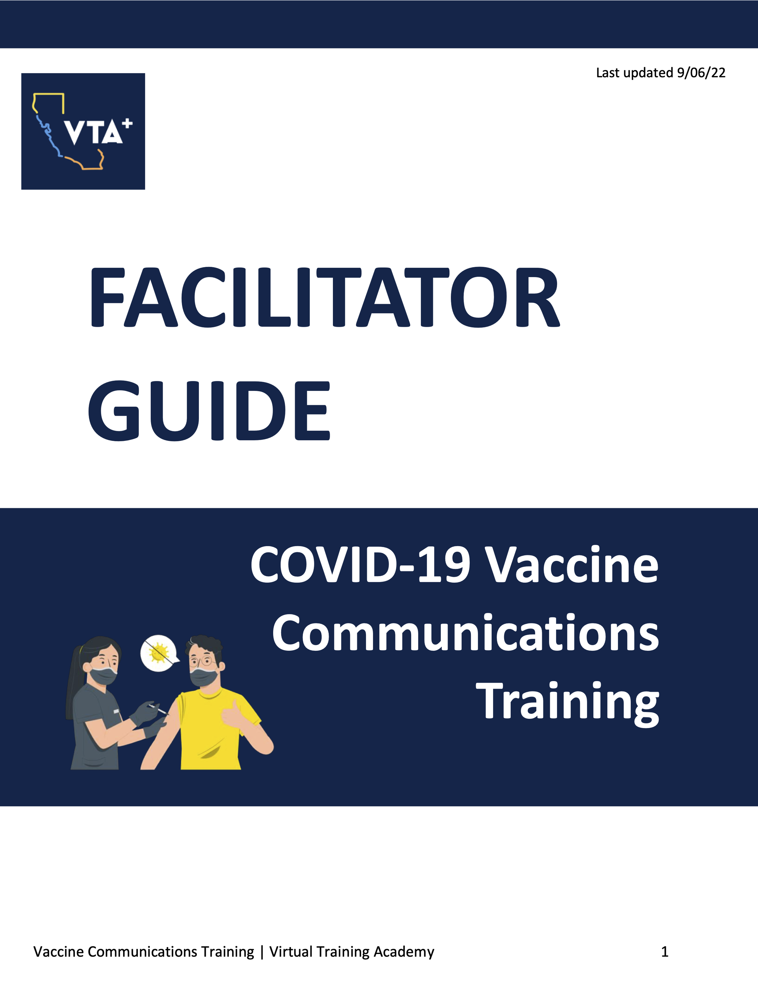 Decorative screenshot of first page of VTA+ vaccine communication course facilitator guide
