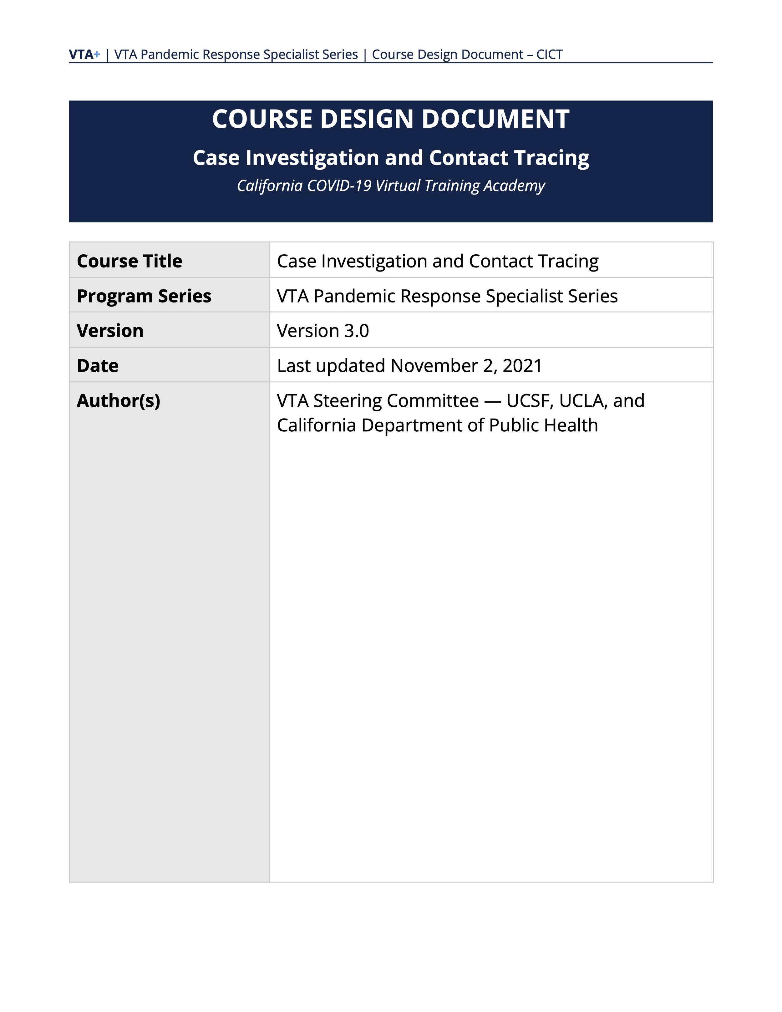 Screenshot of first page of course design document for CICT course