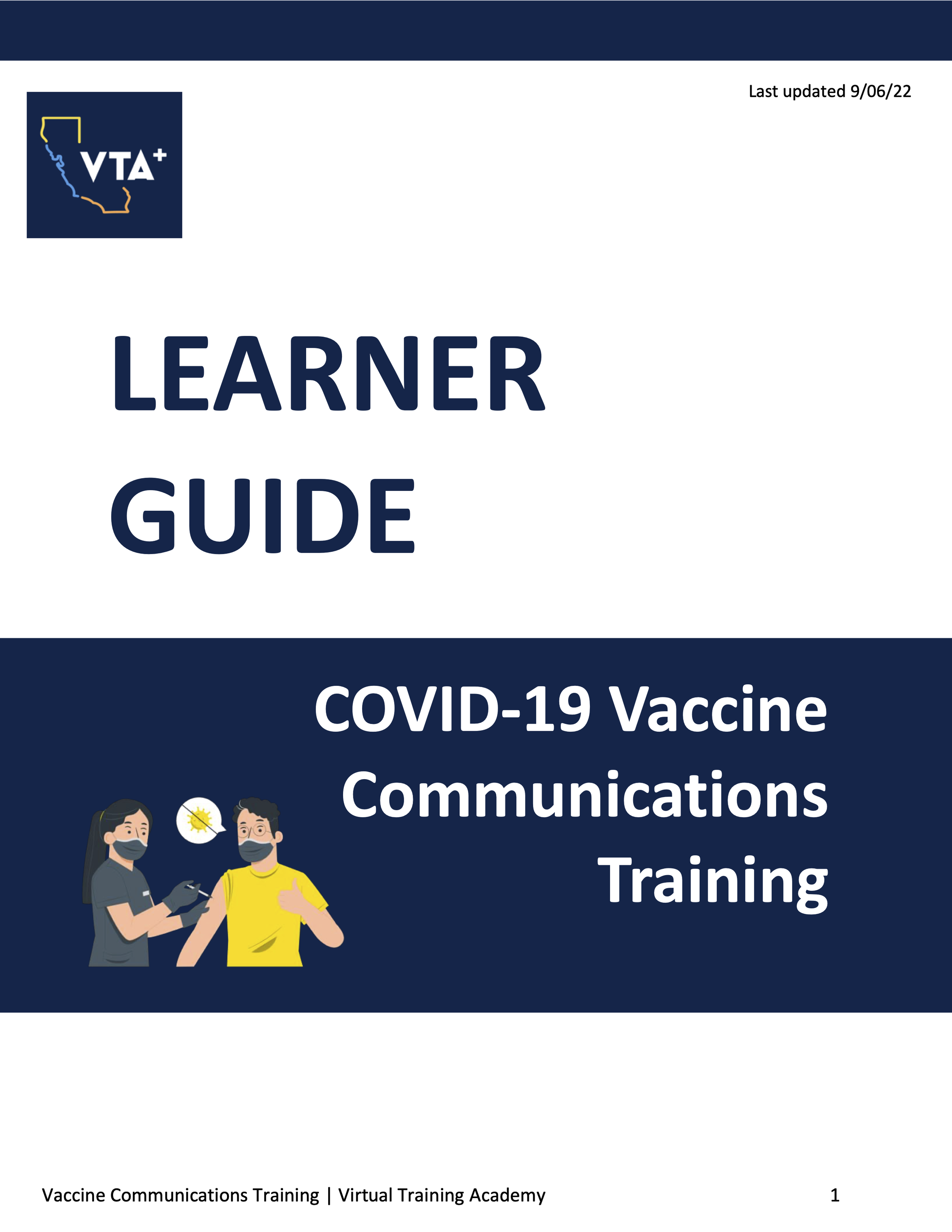Decorative screenshot of first page of VTA+ vaccine communication course learner guide