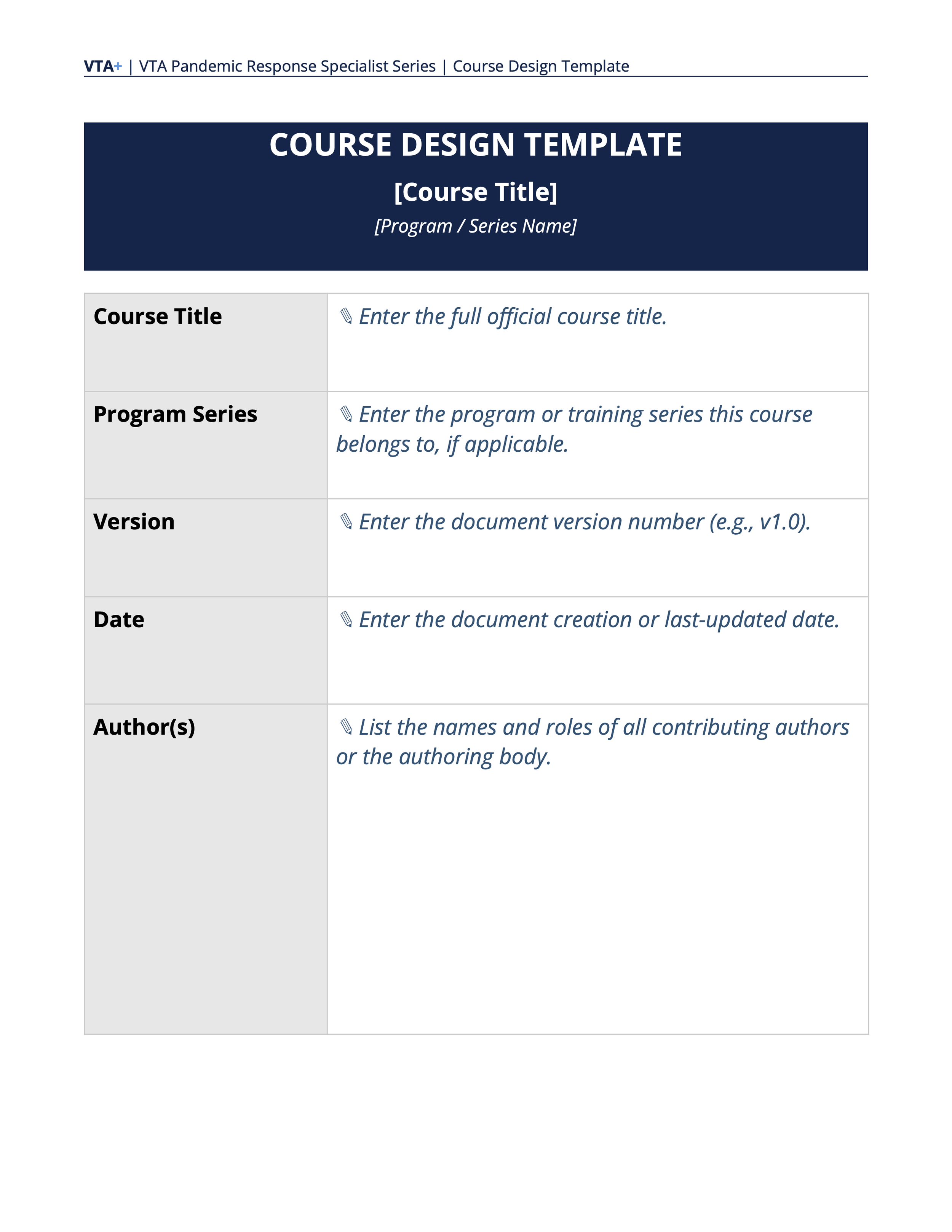 Screenshot of first page of course design template