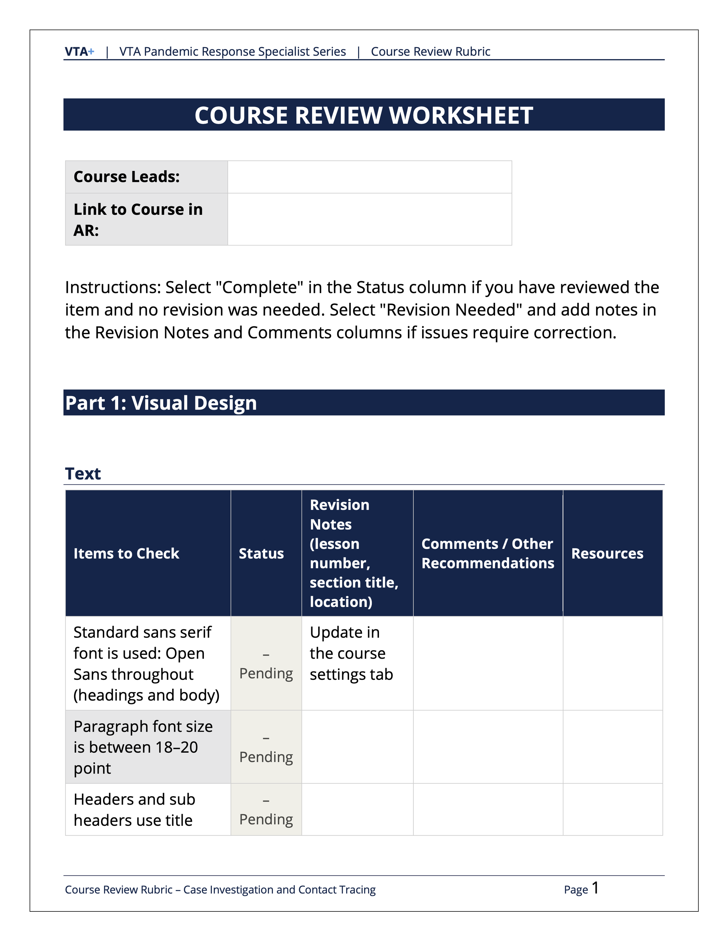 Screenshot of first page of course review workshieet