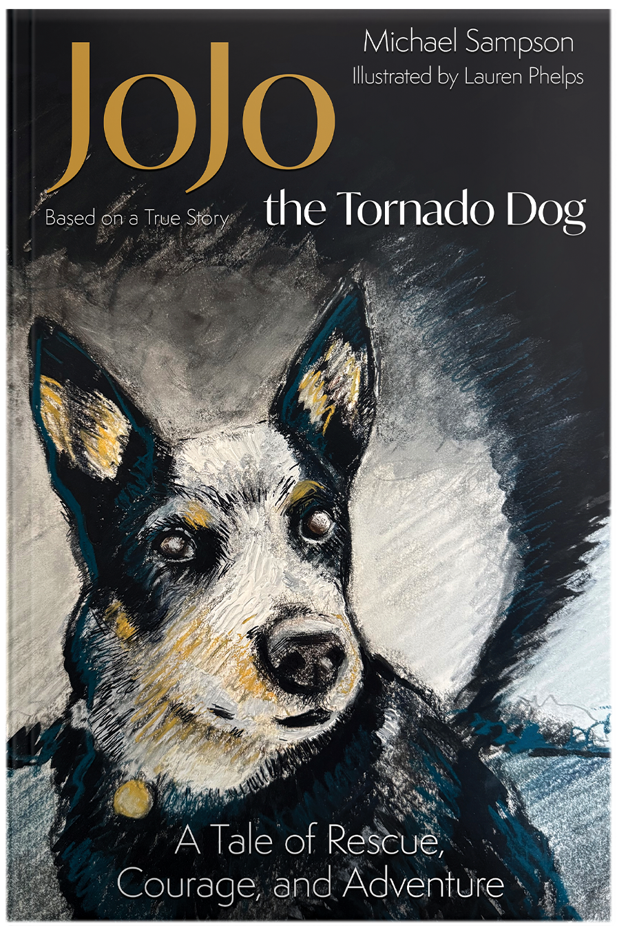 Book cover of Jojo the Tornado Dog by Michael Sampson, illustrated by Lauren Phelps, featuring a detailed drawing of a dog with upright ears and a black, white, and tan coat, with a focus on the dog's expressive face.