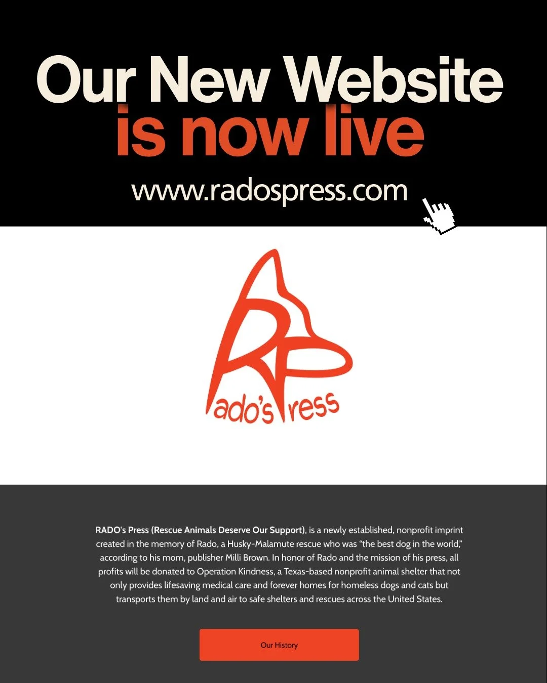 ✨ Our new website is LIVE! ✨
We&rsquo;re so excited to welcome you to www.radospress.com

Here you can read more about our origin story, our mission, and how you can make a difference. By purchasing a copy of our debut book JoJo the Tornado Dog, you&