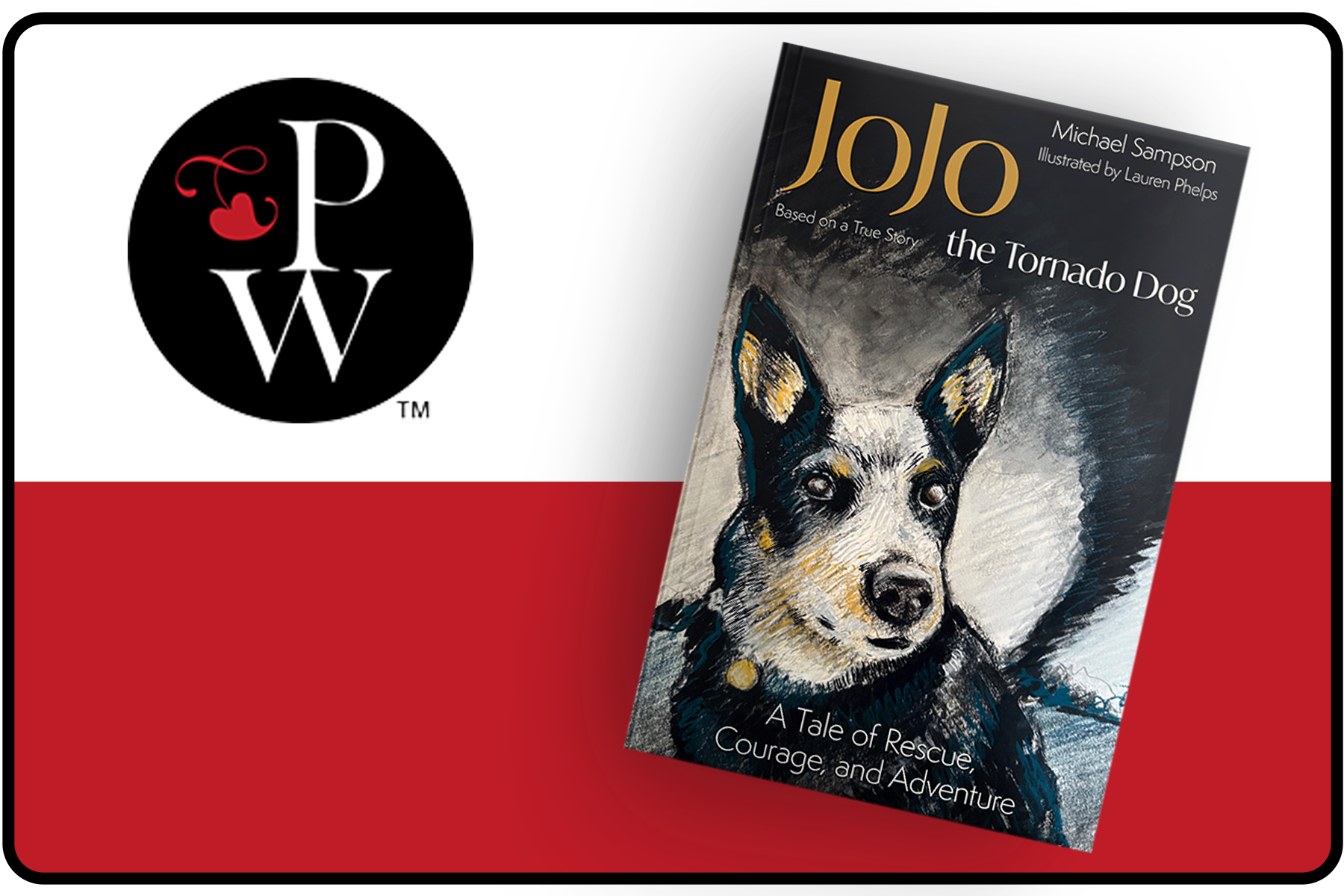 Online bookstore website with black and white logo that has a cherry and the letters P, W. The page features a book titled "JoJo the Tornado Dog" with a cover illustration of a dog, and the subtitle "A Tale of Rescue, Courage, and Adventure."