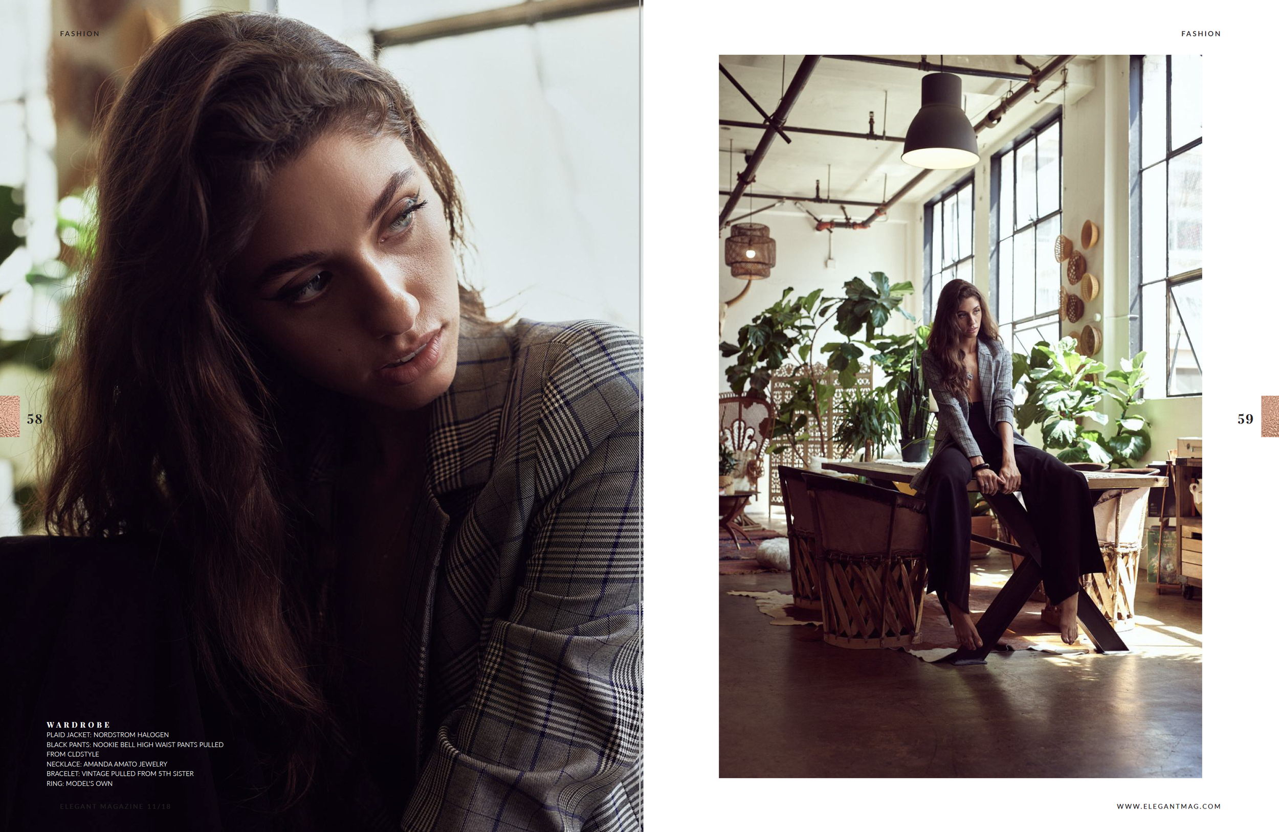 A woman with long brown hair and a plaid blazer sitting in a well-lit studio with large windows and lush green plants.