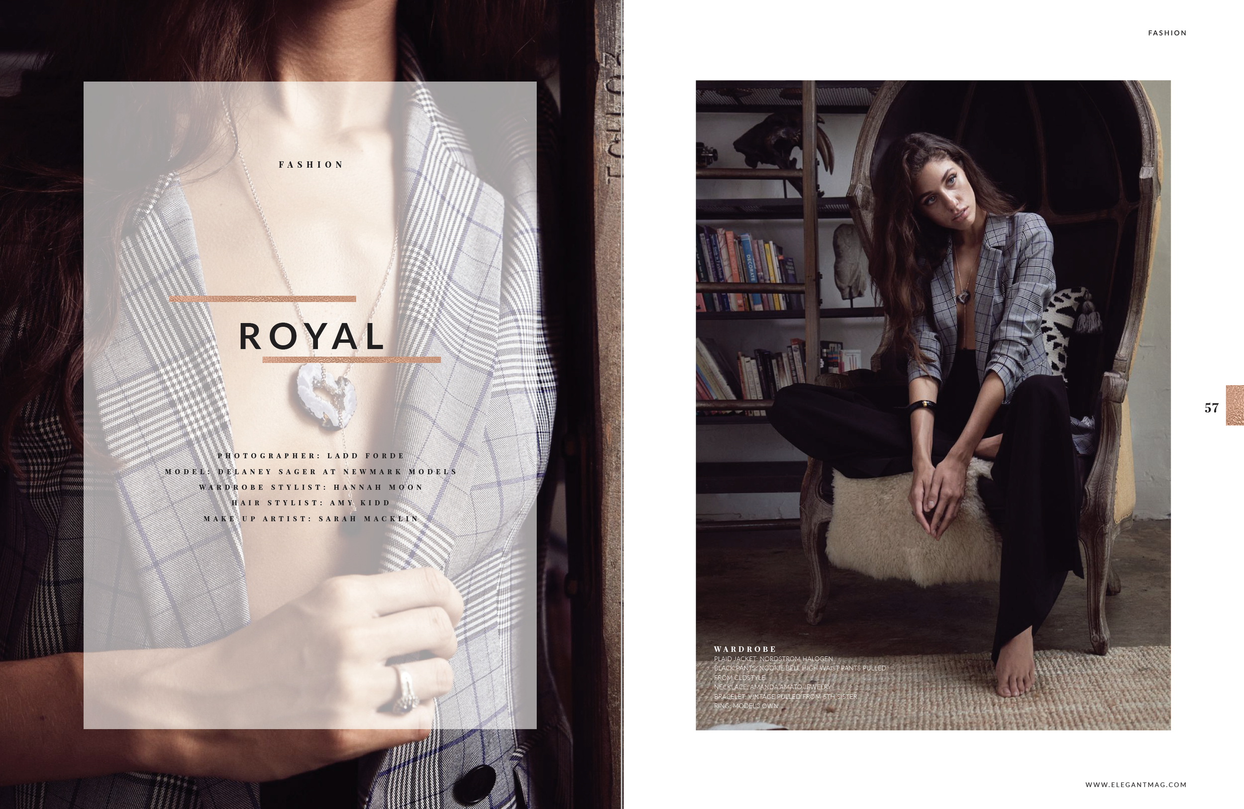 A fashion magazine spread featuring a model in a plaid blazer, sitting on a vintage chair, in a room with a bookshelf and various objects, with text overlay about the collection and style details.