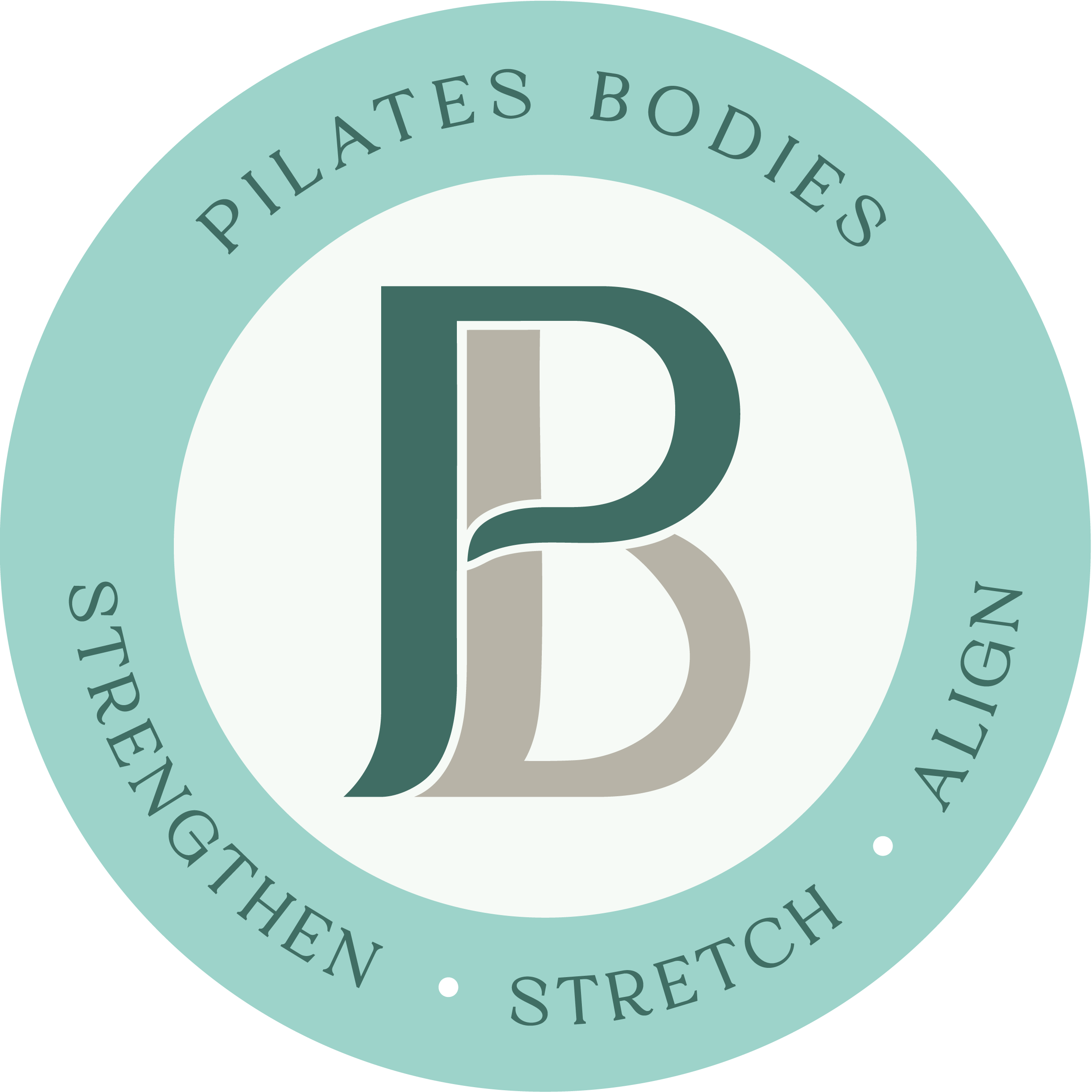 Logo for Pilates Bodies with a circular design, featuring the initials 'PB' in the center. The outer ring contains the words 'Pilates Bodies,' 'Strength,' and 'Stretch' separated by small dots.