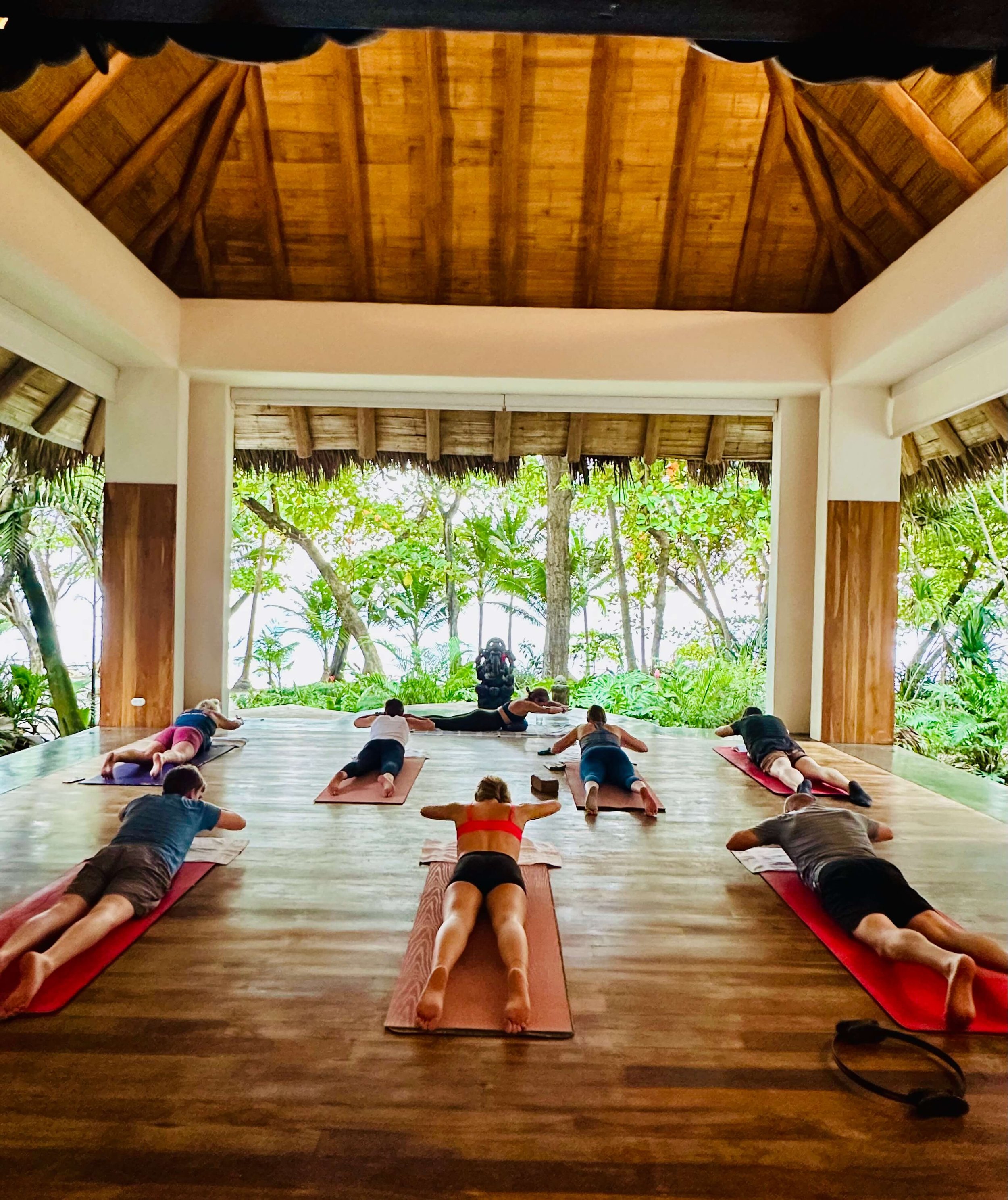 People participating in a yoga class on mats in an open-air wooden pavilion with trees and greenery outside.