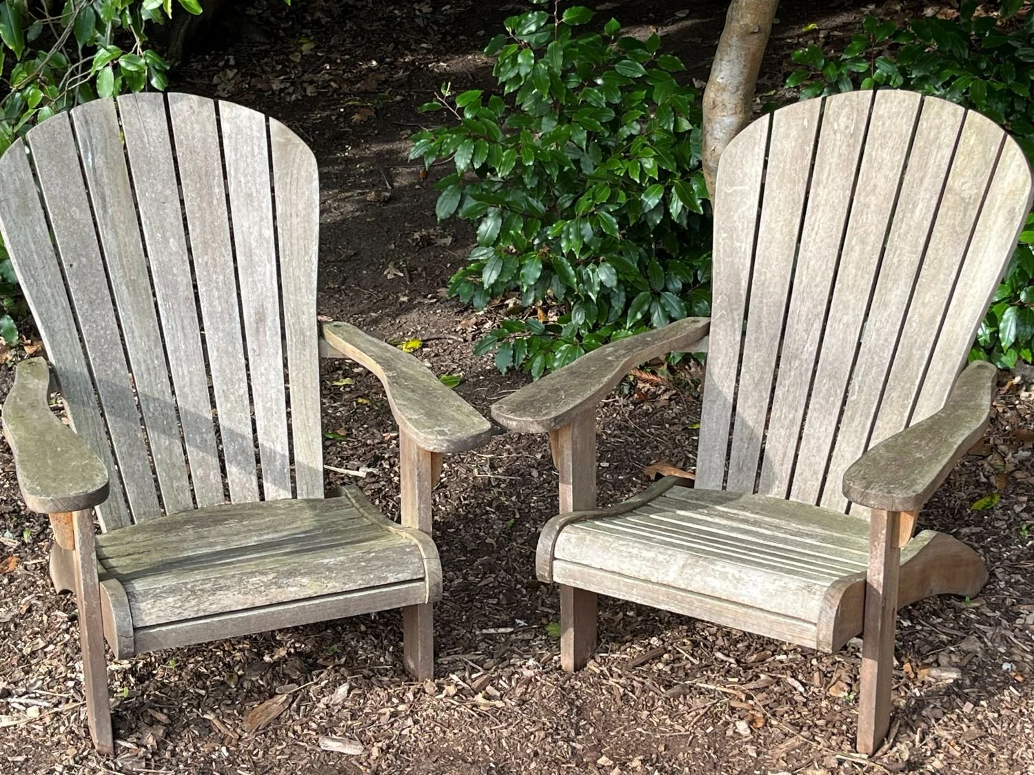 Two weathered wooden Adirondack chairs in a garden with dark soil and green bushes in the background.