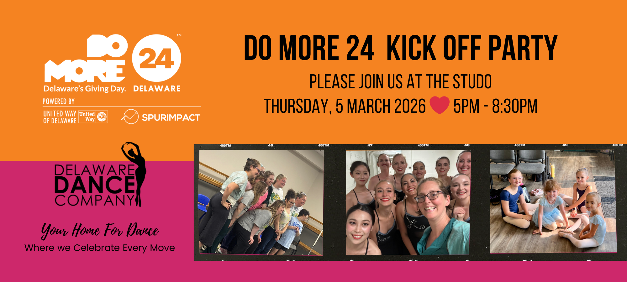 Flyer for Delaware Dance Company's 'Do More 24 Kick Off Party' event. The flyer is orange and pink, with photos of dancers and children practicing ballet. The event is scheduled for March 5, 2026, from 5 PM to 8:30 PM at the studio.