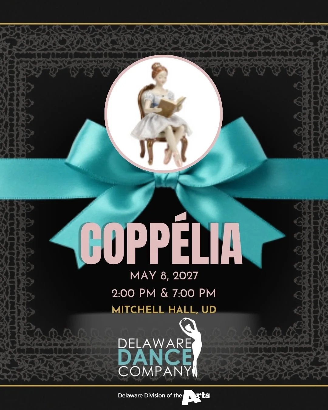 A Coppelia event poster featuring silhouettes of dancers, a red and white circus tent, and festive bunting flags. The event is scheduled for May 2nd and May 3rd at the Otello Meucci Performing Arts Center, with tickets available for purchase.