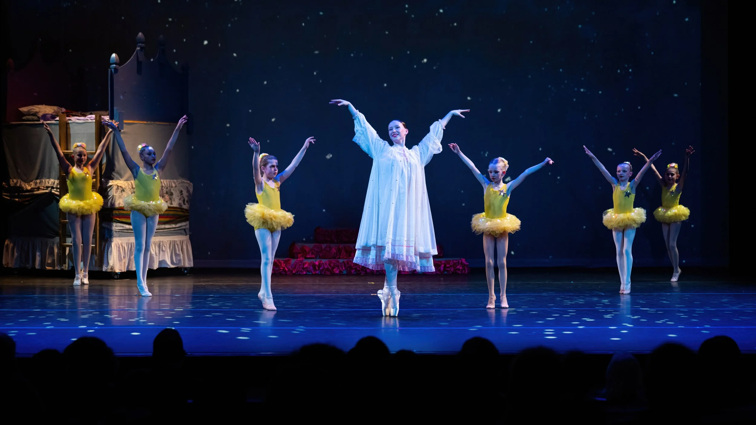 Ballet dancers performing on stage, with a woman in a white dress and children in yellow tutus, under a starry backdrop.