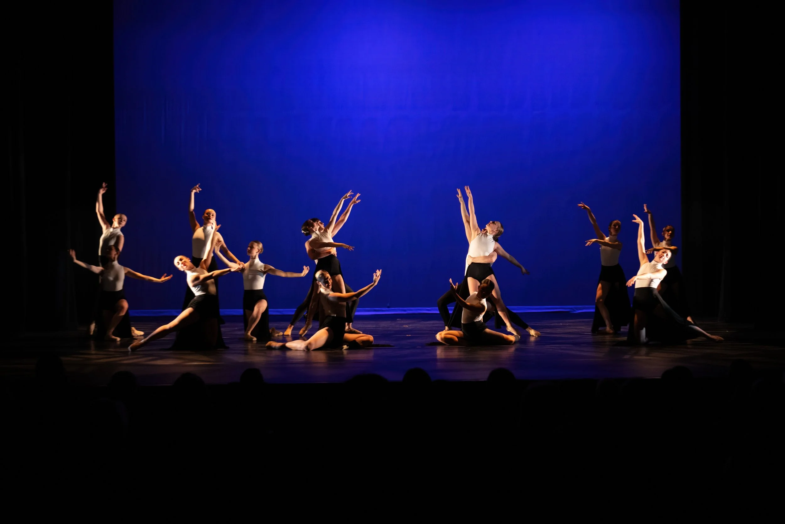Group of ballet dancers performing on stage with a blue background.
