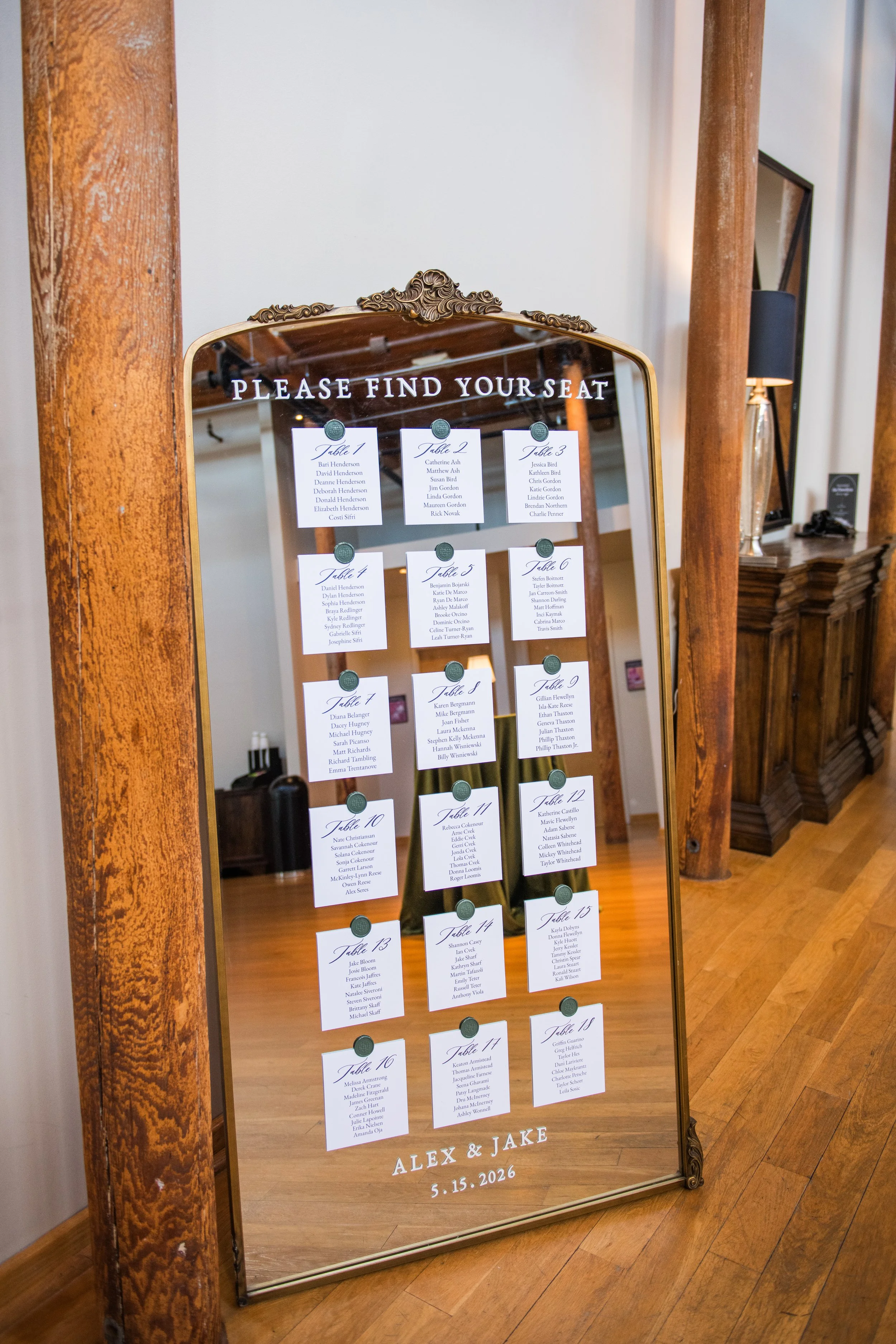 Mirror Seating Chart at The Cotton Room for Alex and Jake's Wedding