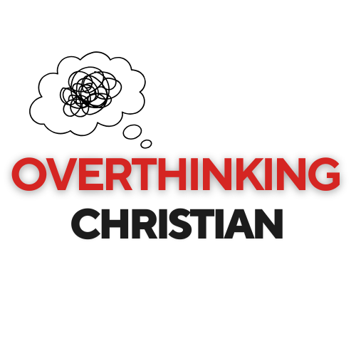 Overthinking Christian logo featuring a thought bubble with chaotic scribbles above the words “Overthinking Christian” in bold red and black text