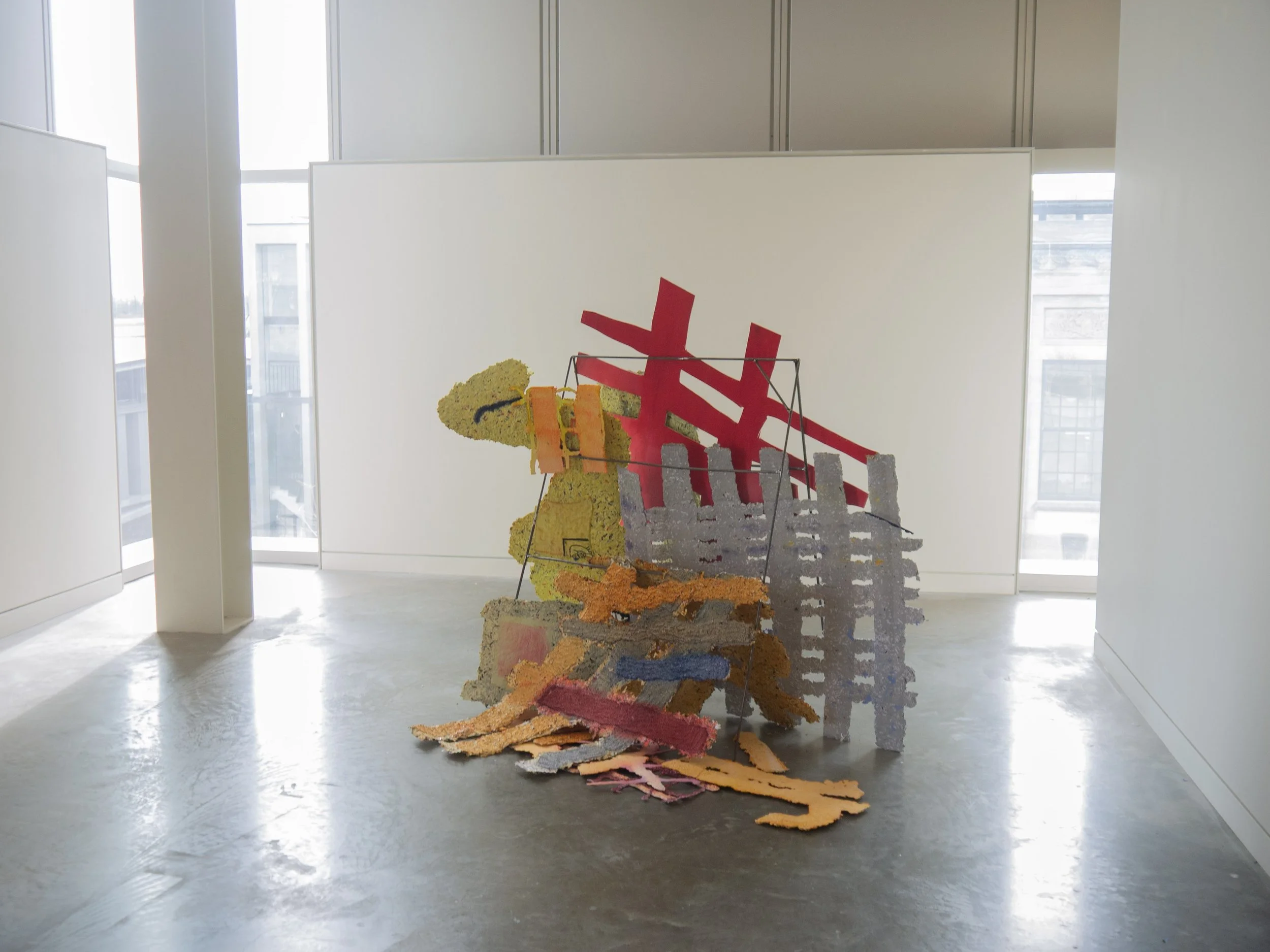 Powerlines, handmade paper, plywood, steel, paint, fabric dye, 5'x5.5'x4'