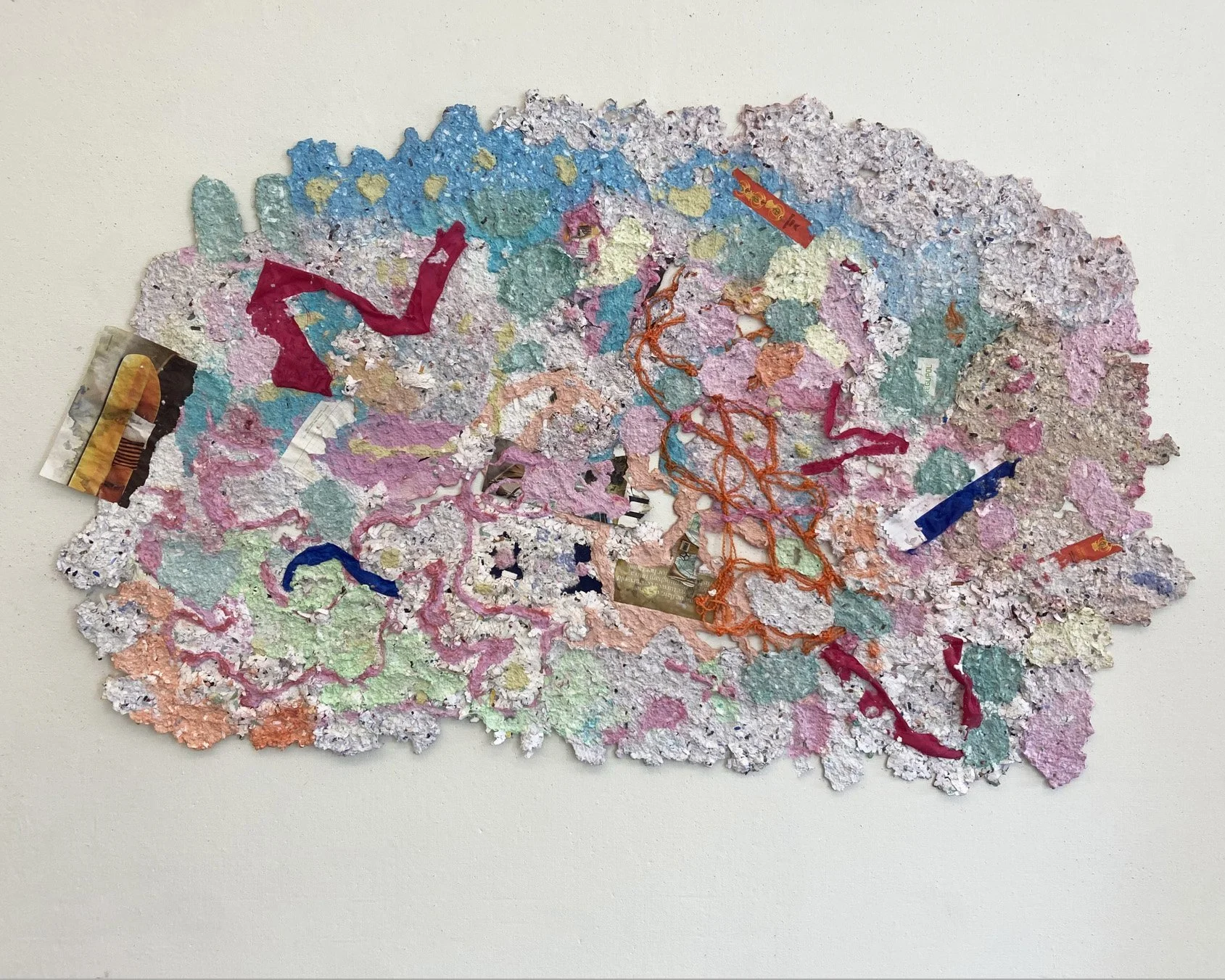 Collaborative piece made with leftover pulp and collage elements. 