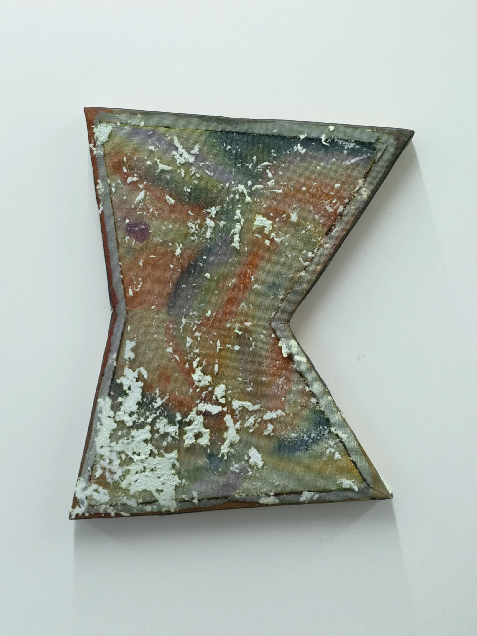 Closed hands, closed sky;  handmade paper, fabric dye, window screening, wood; 20"x14"x3"