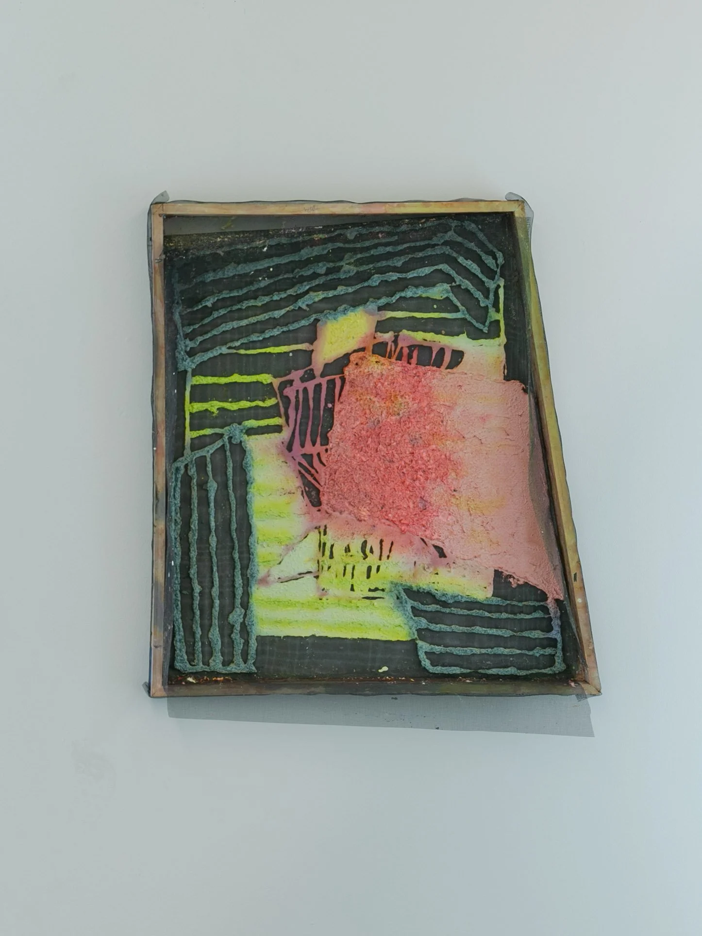 Easy in; handmade paper, fabric dye, window screening, wood, painters tape, staples; 37”x32.5”