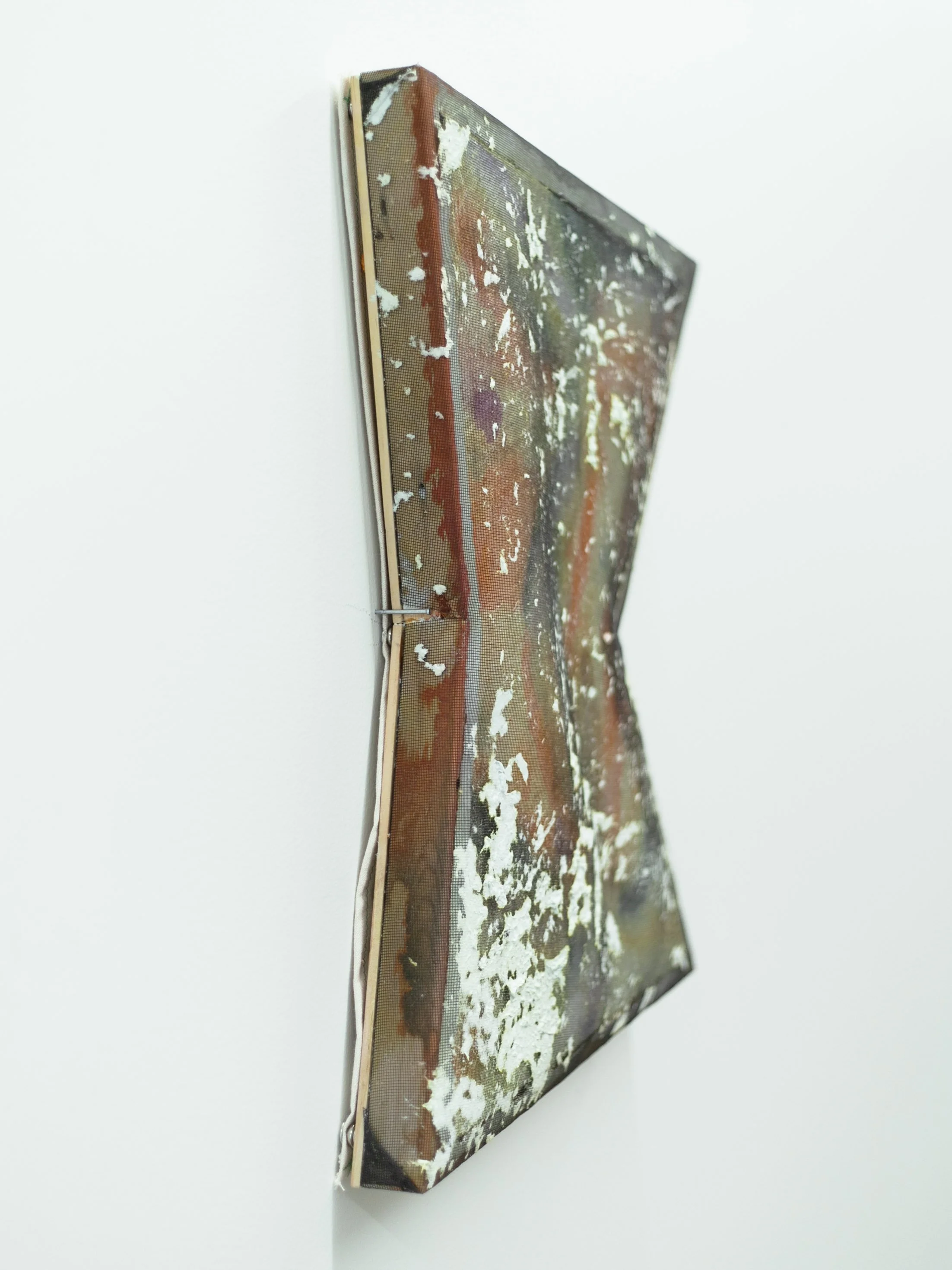 Closed hands, closed sky;  handmade paper, fabric dye, window screening, wood; 20"x14"x3"