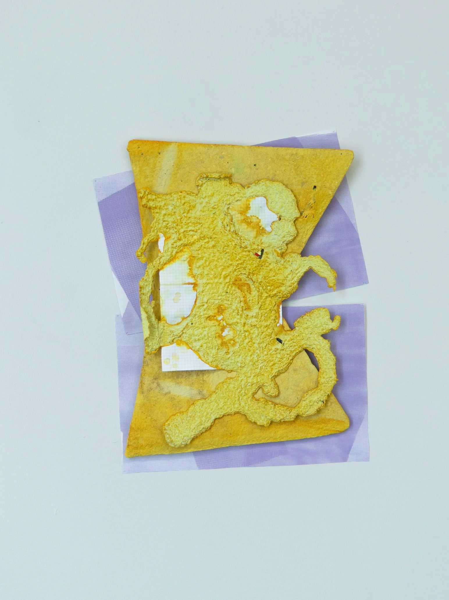 Moody yellow; handmade paper, notebook paper, ink, fabric dye, xerox print, methyl cellulose; 18”x23”
