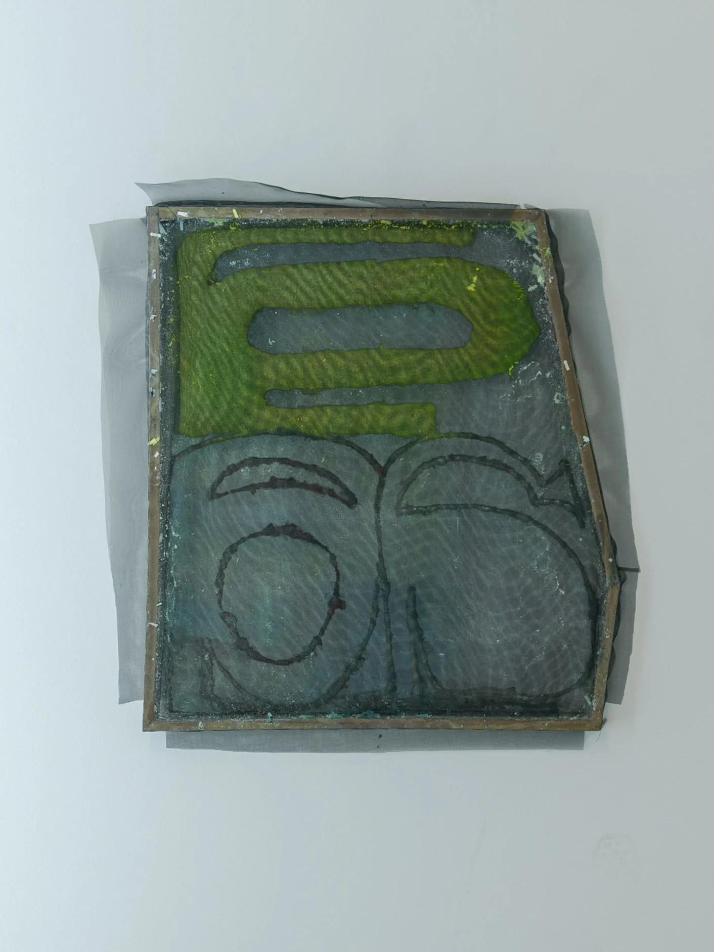 Bad apple; handmade paper, fabric dye, window screening, wood, painters tape, staples; 36.5”x32.5”