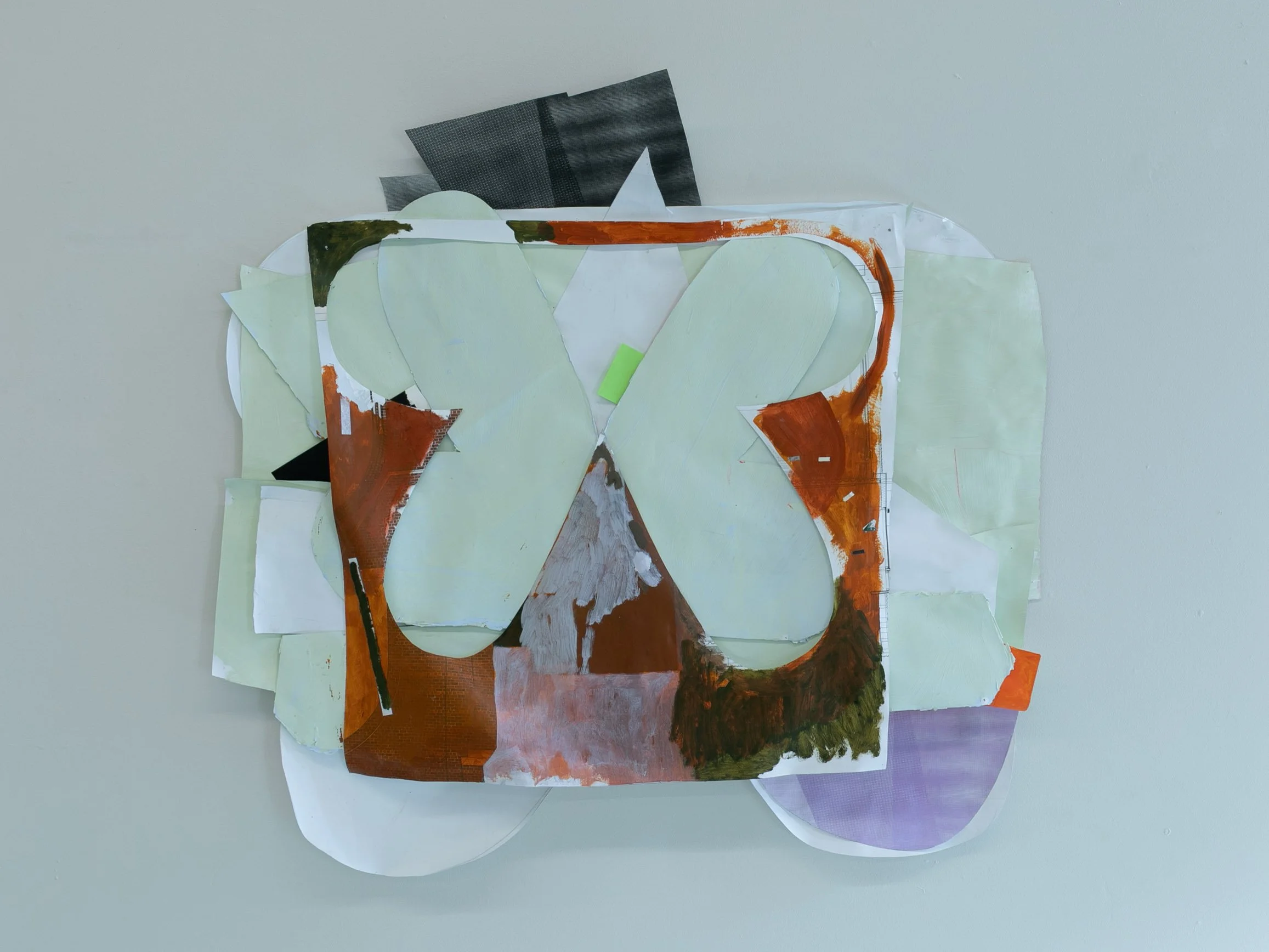 Wall pile in green, orange, and purple; paper, latex paint, acrylic paint, oil paint, xerox print, post it note, thumbtacks; 41”x43”