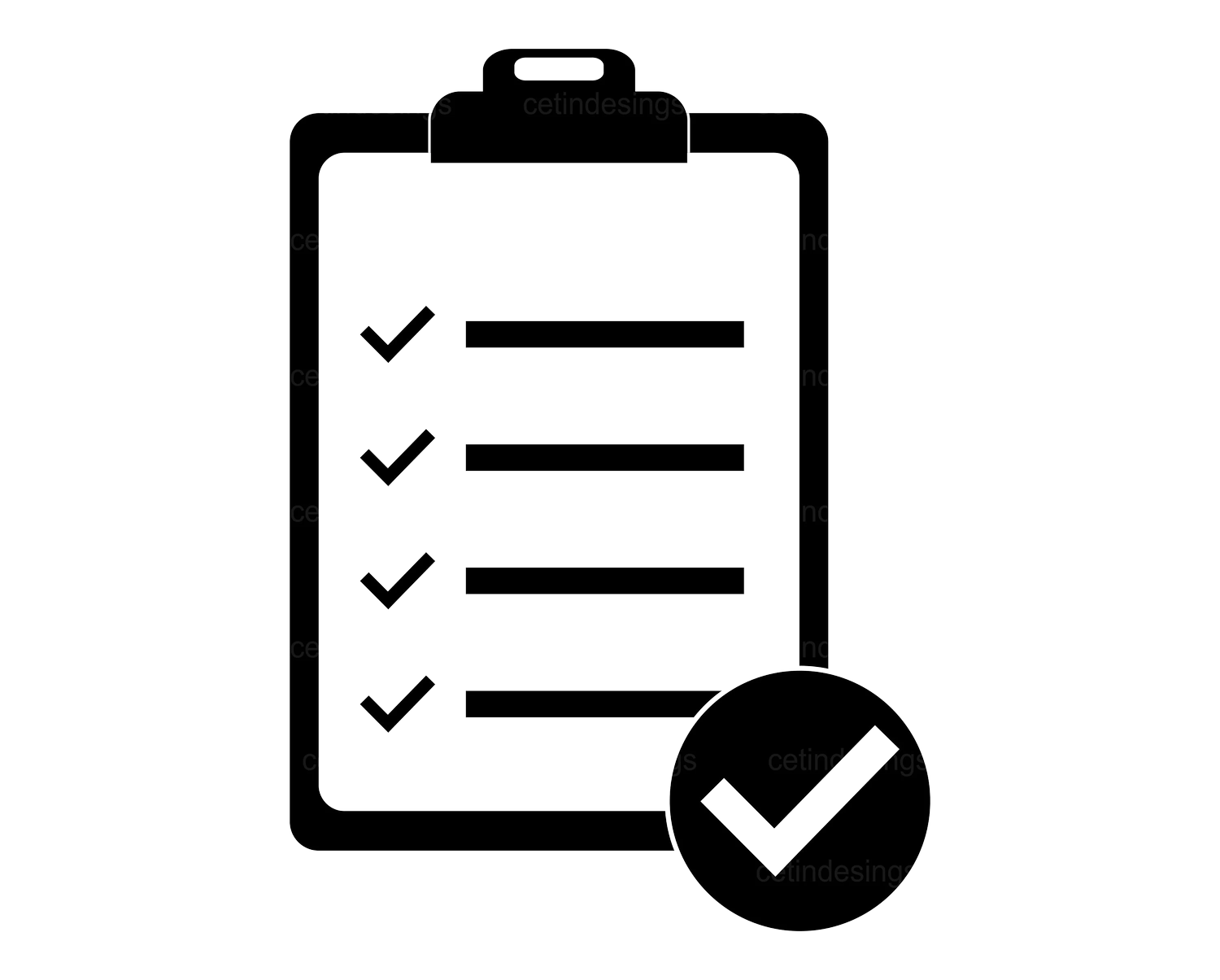 Line drawing of a checklist on a clipboard with five checkmarks, and a magnified checkmark icon overlay.