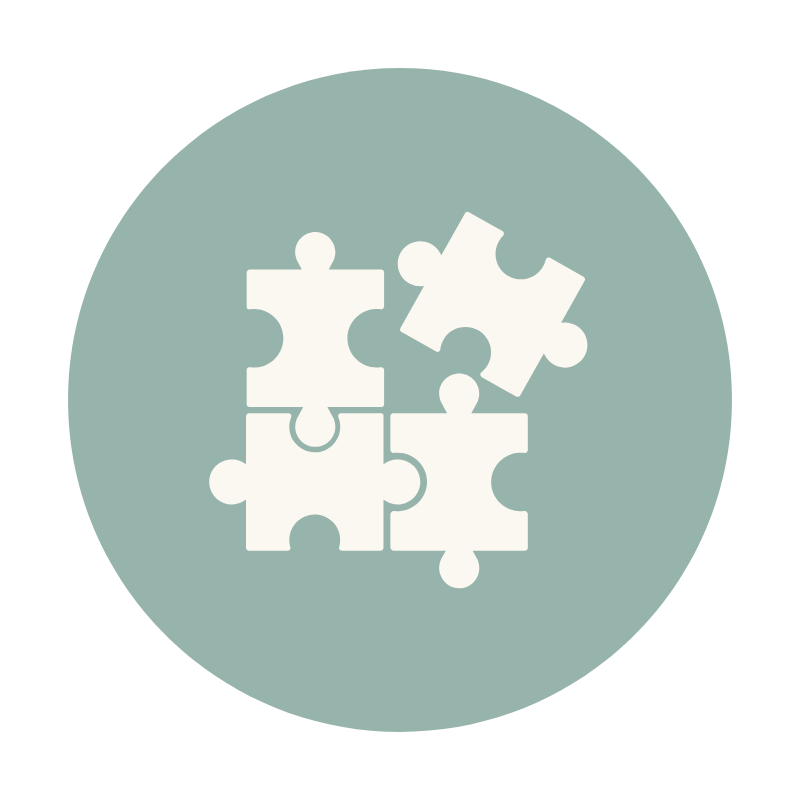 Four puzzle pieces, two connected and two separate, inside a circular background.