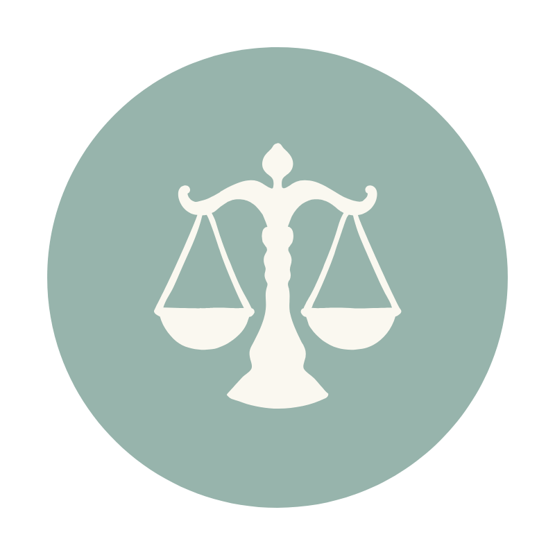 Icon of a scale of justice on a teal circular background.