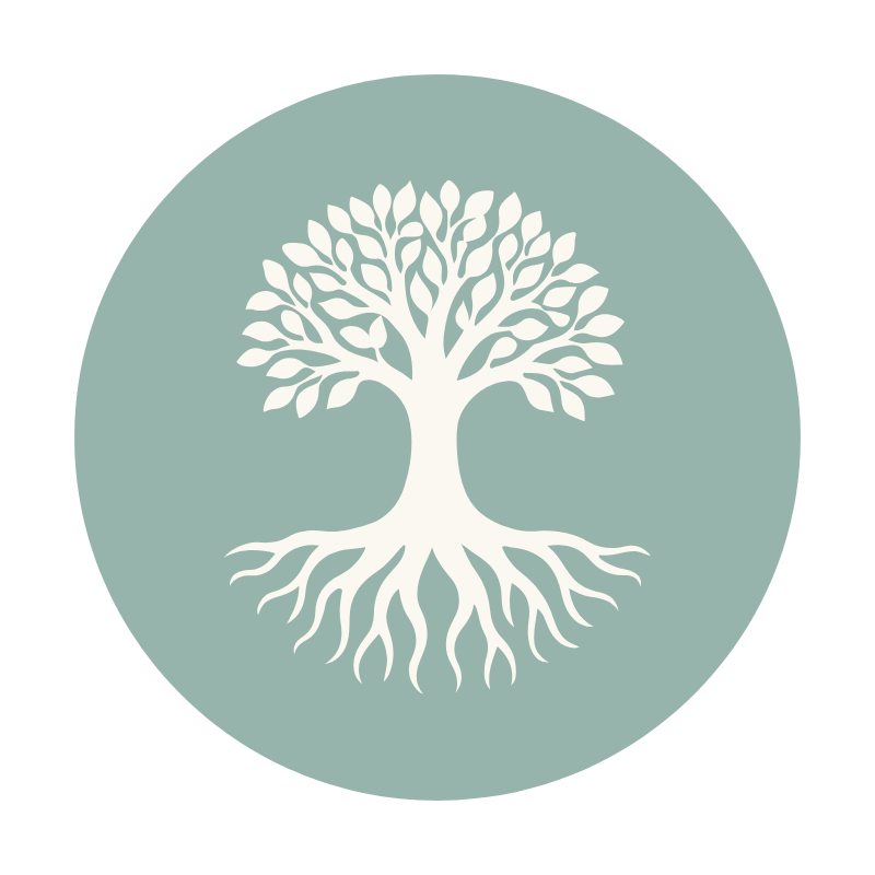 A white tree with branches and roots depicted against a muted green circular background.