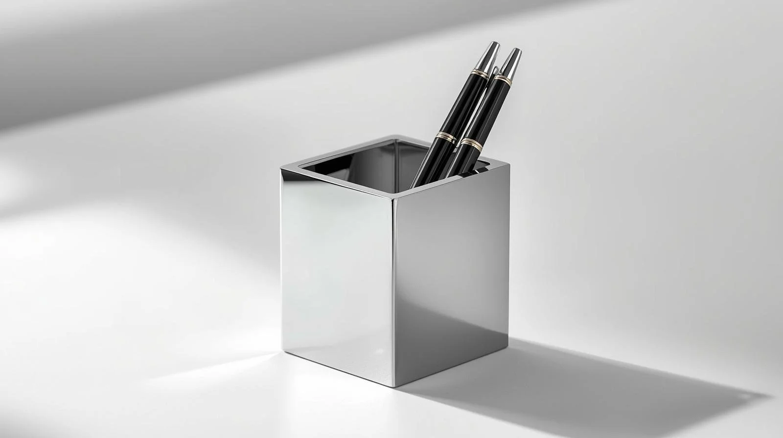 Deux stylos noirs dans un porte-stylo en métal argenté placé sur une surface blanche.