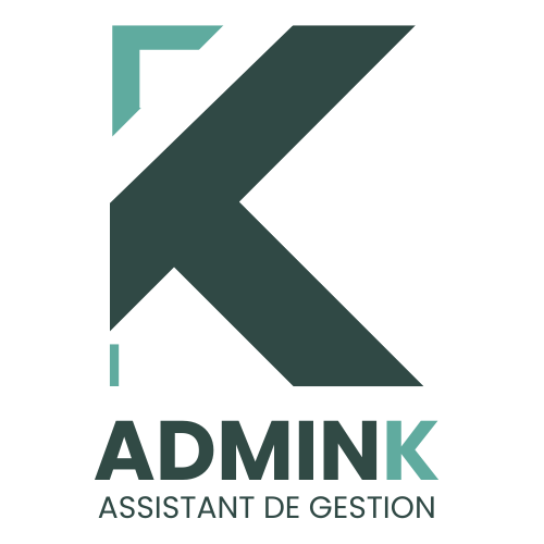 Logo de ADMNK, un grand K stylisé avec une petite case blanche et un accent vert clair, accompagnée du texte 'ADMNK' et 'ASSISTANT DE GESTION'