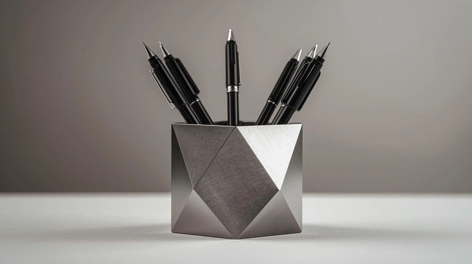 Un porte-stylo en métal avec huit stylos noirs à bouchon, placé sur une surface blanche avec un fond gris clair.