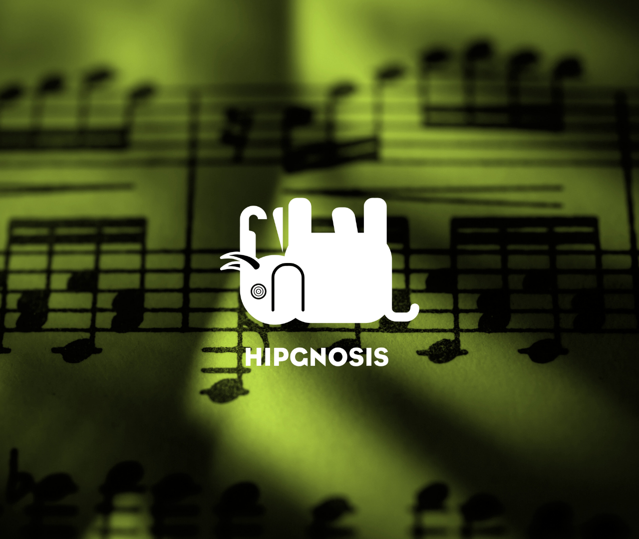Graphic of a cat lying on its side over a background of musical notes and staff lines. The cat is outlined in white with simple features. Below the cat, the word 'HIPGNOSIS' is written in bold white letters.