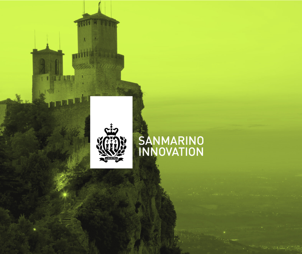Mountainside castle with a tower, trees, and a city view in the distance, overlayed with the Sanmarino Innovation logo and text.