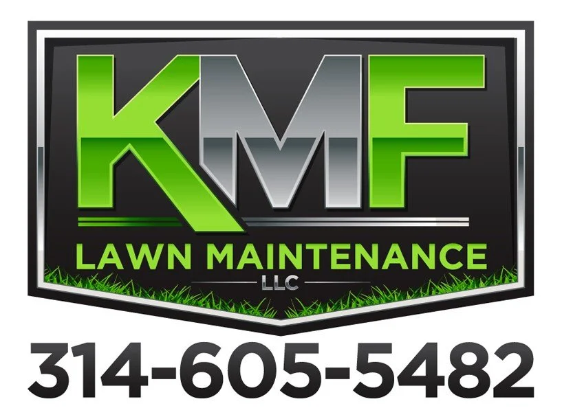 Logo for KMF Lawn Maintenance LLC with green and gray lettering and a grass design at the bottom, including a phone number 314-605-5482.