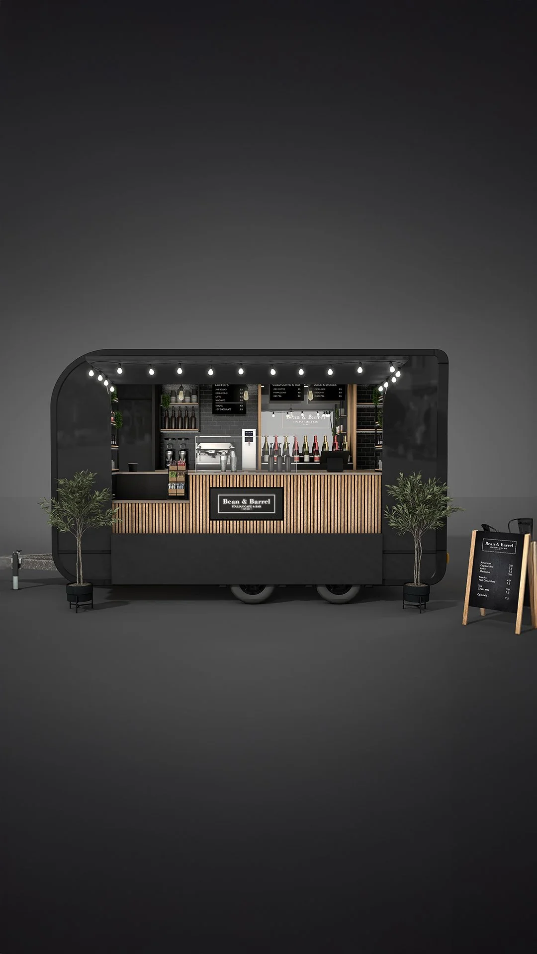 A modern black food truck with a wooden counter, serving beverages and drinks, decorated with two indoor plants, with a menu board and a small chalkboard sign outside.