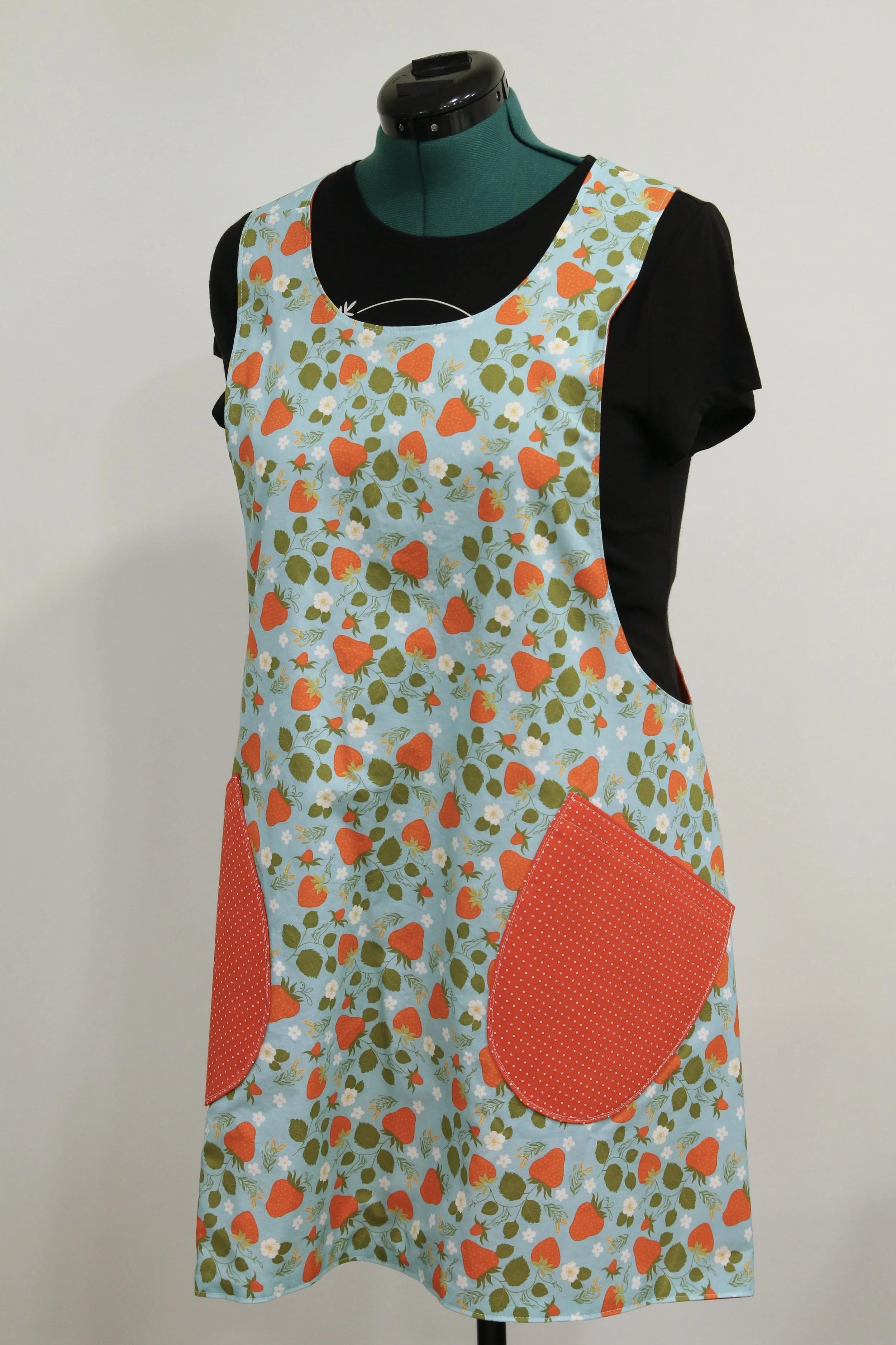 Strawberries Reversible Crossback Apron- Red, Blue, Green, and White
