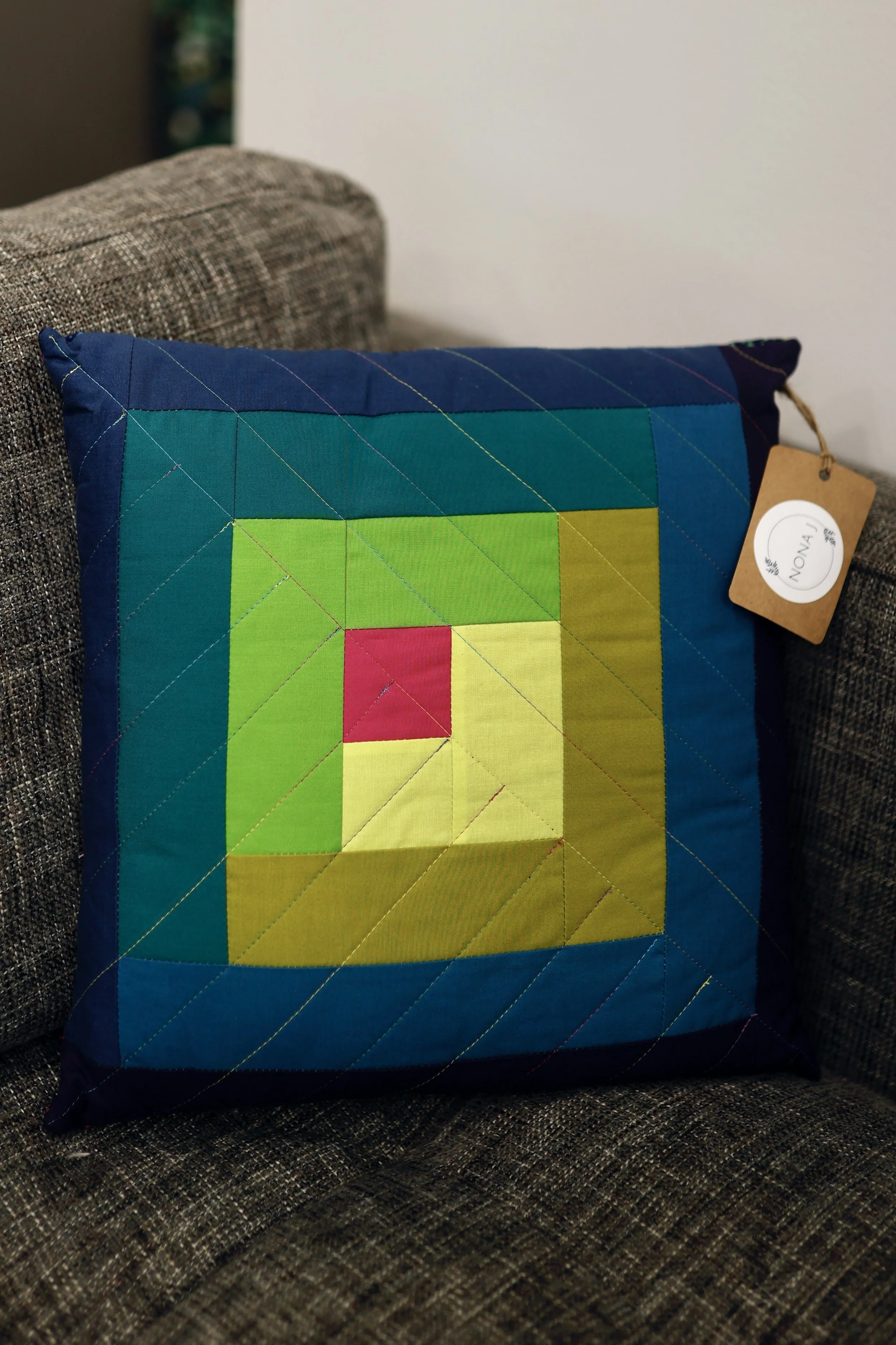 Log Cabin Throw Pillow- Hot Pink, Yellow, Greens, and Blues