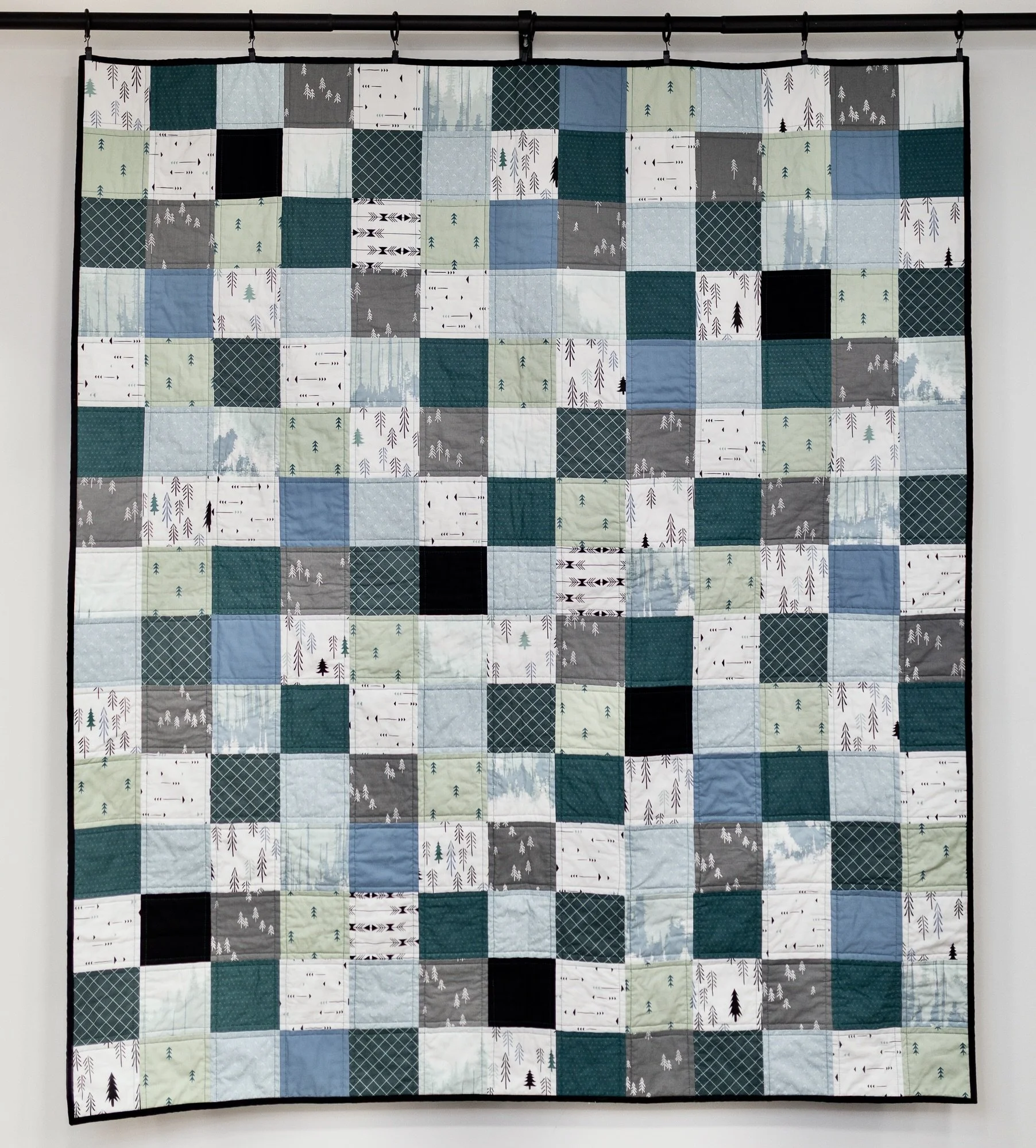 Patchwork Trees- Green, Blue, Black, White, and Gray (51"x59")