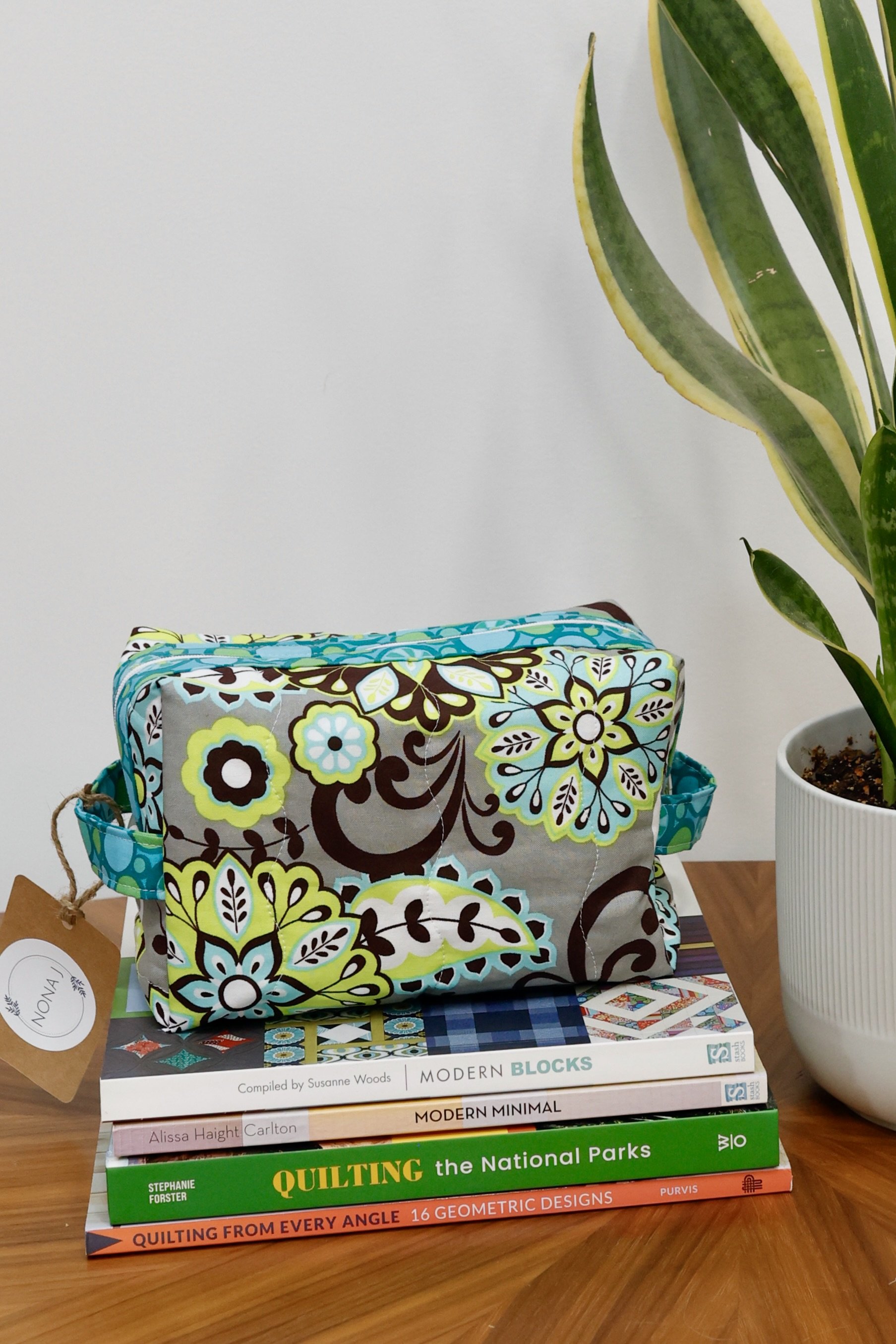 Bright Flower Pouch- Aqua, Gray, Lime Green, and Brown
