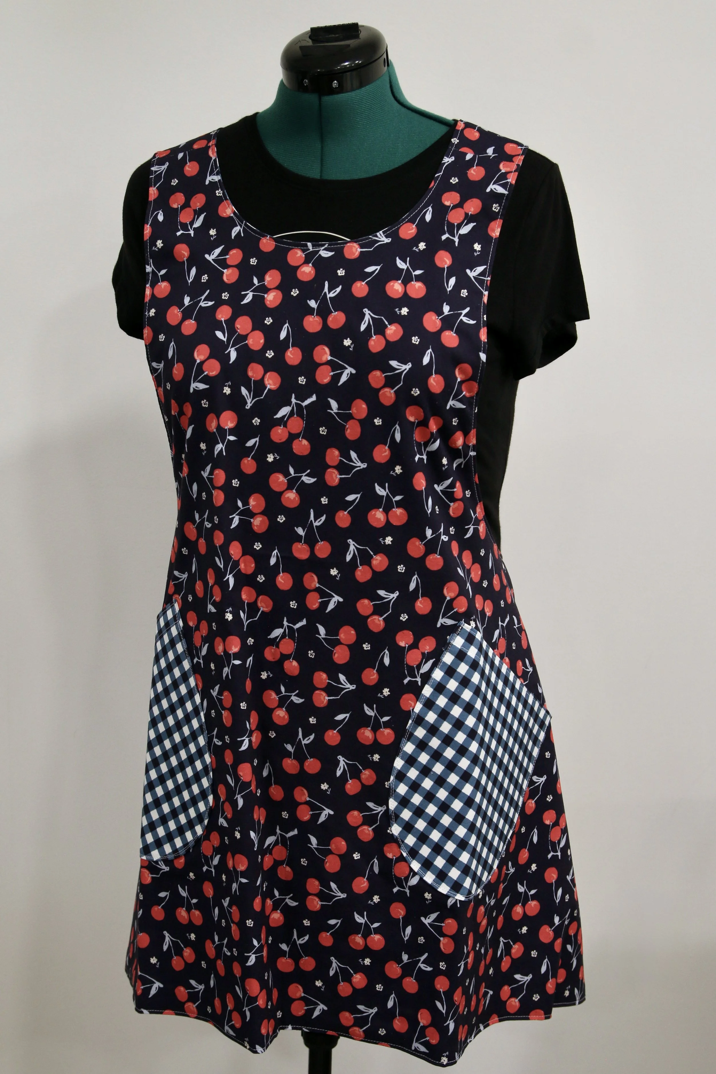 Cherries Reversible Crossback Apron- Navy, Blue, Red, and White