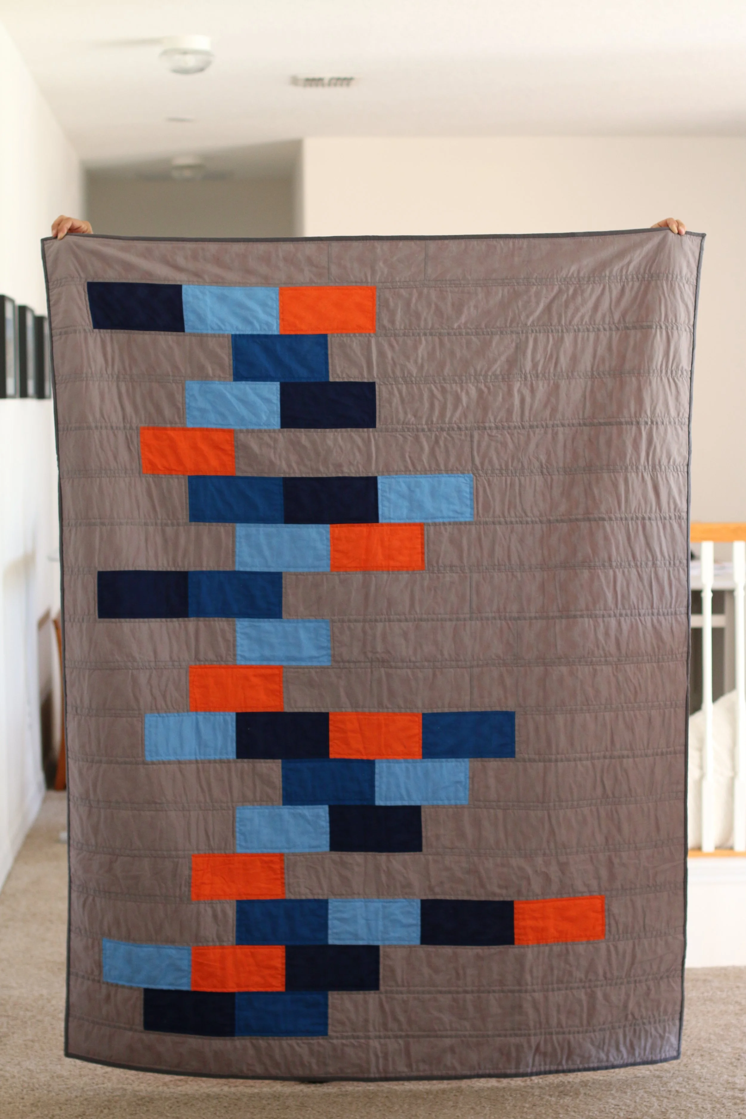 Modern Orange Blue Bricks Quilt.JPG