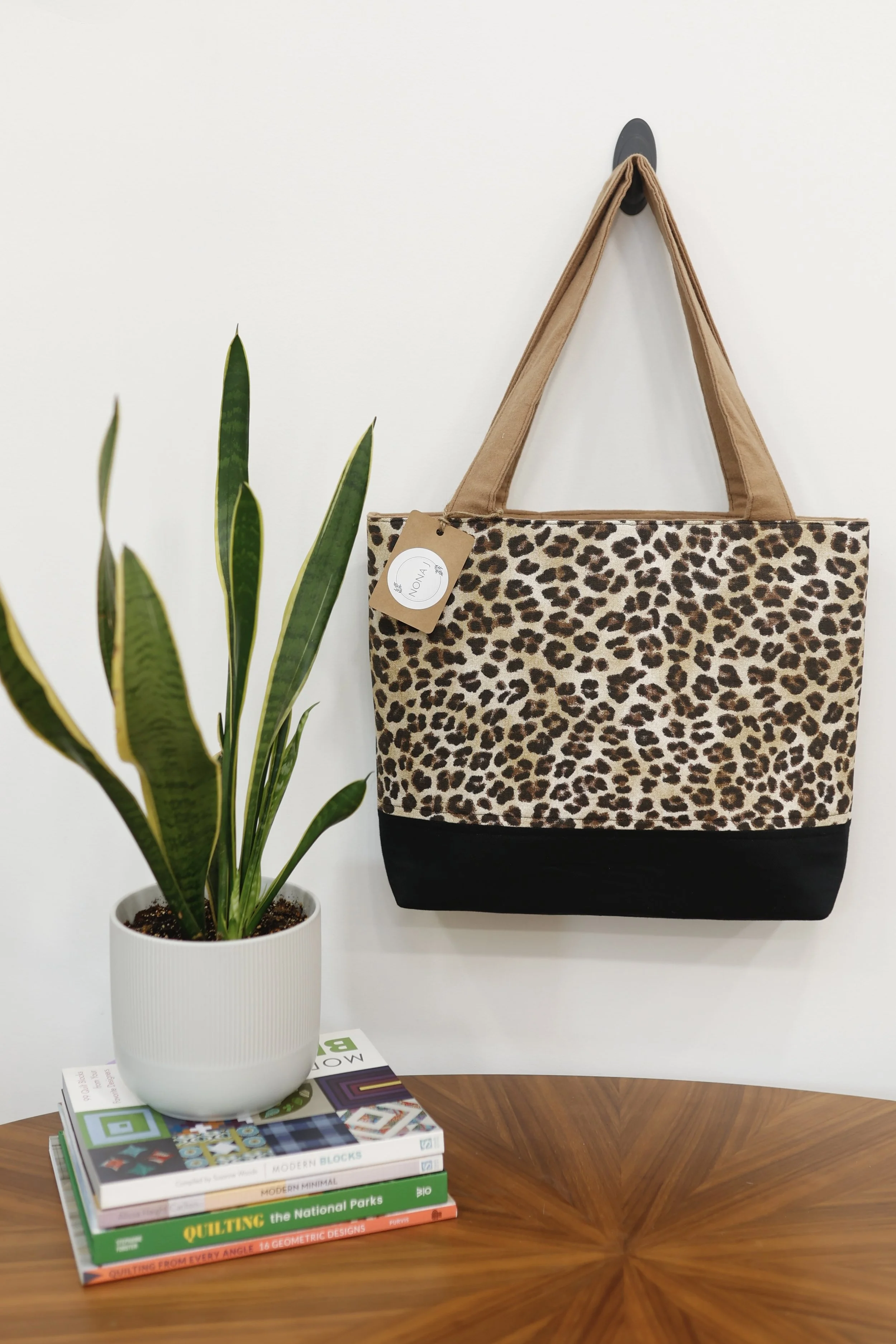 Leopard Print Tote Bag - Black and Camel