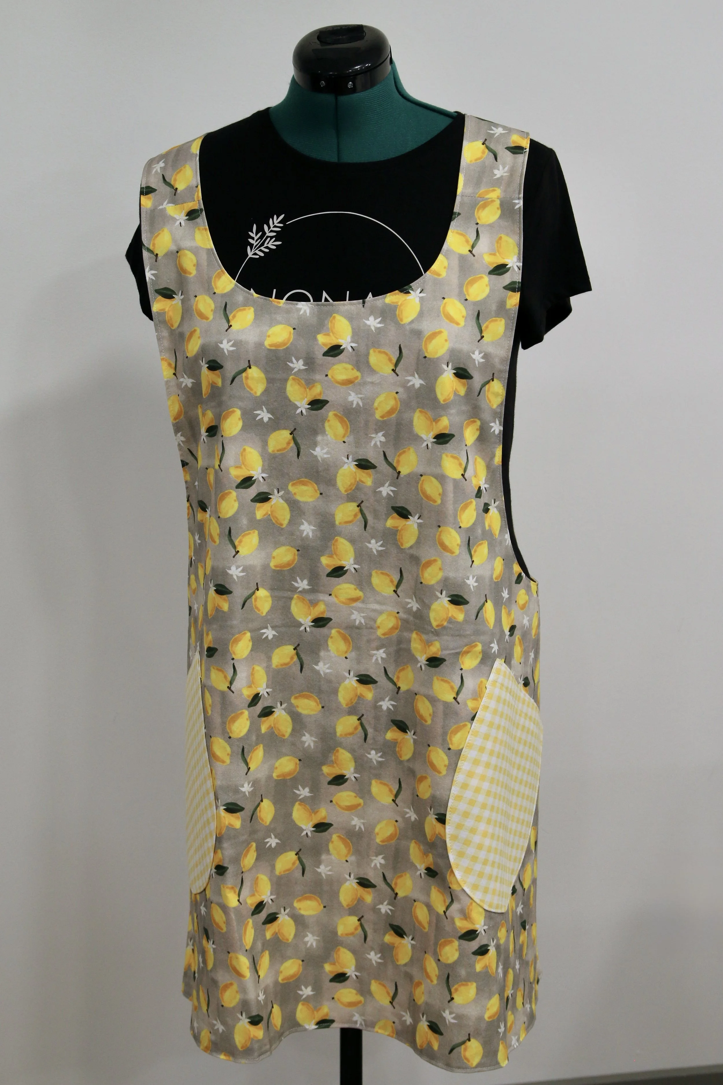 Lemons Reversible Crossback Apron- Gray, Yellow, and White