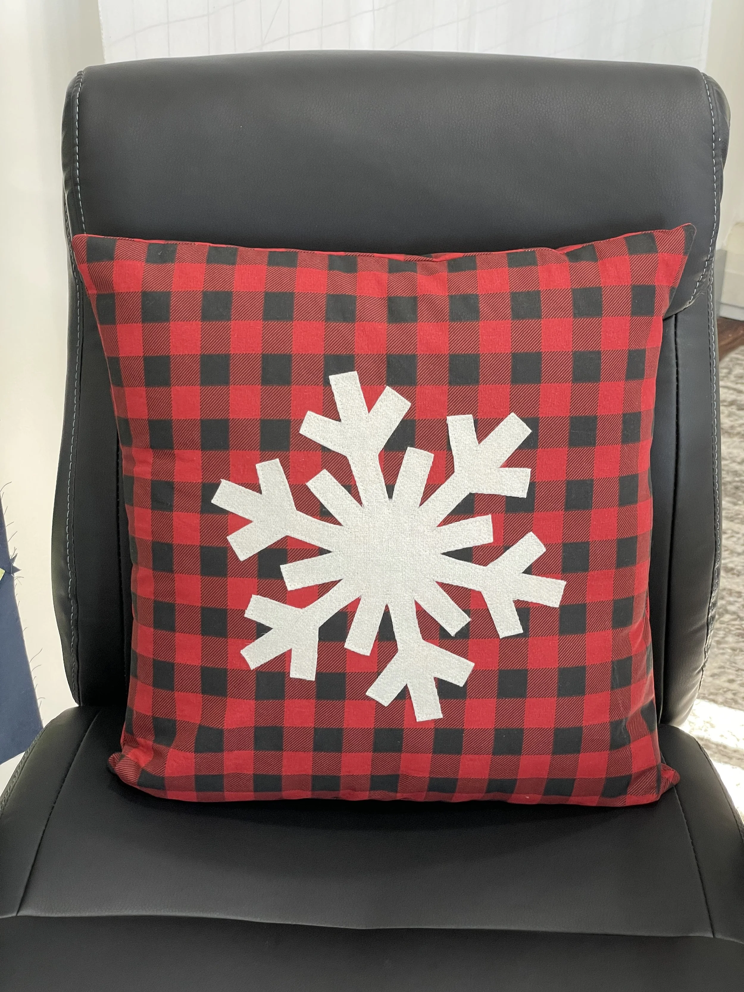Red Plaid Snowflake Applique Pillow.JPG