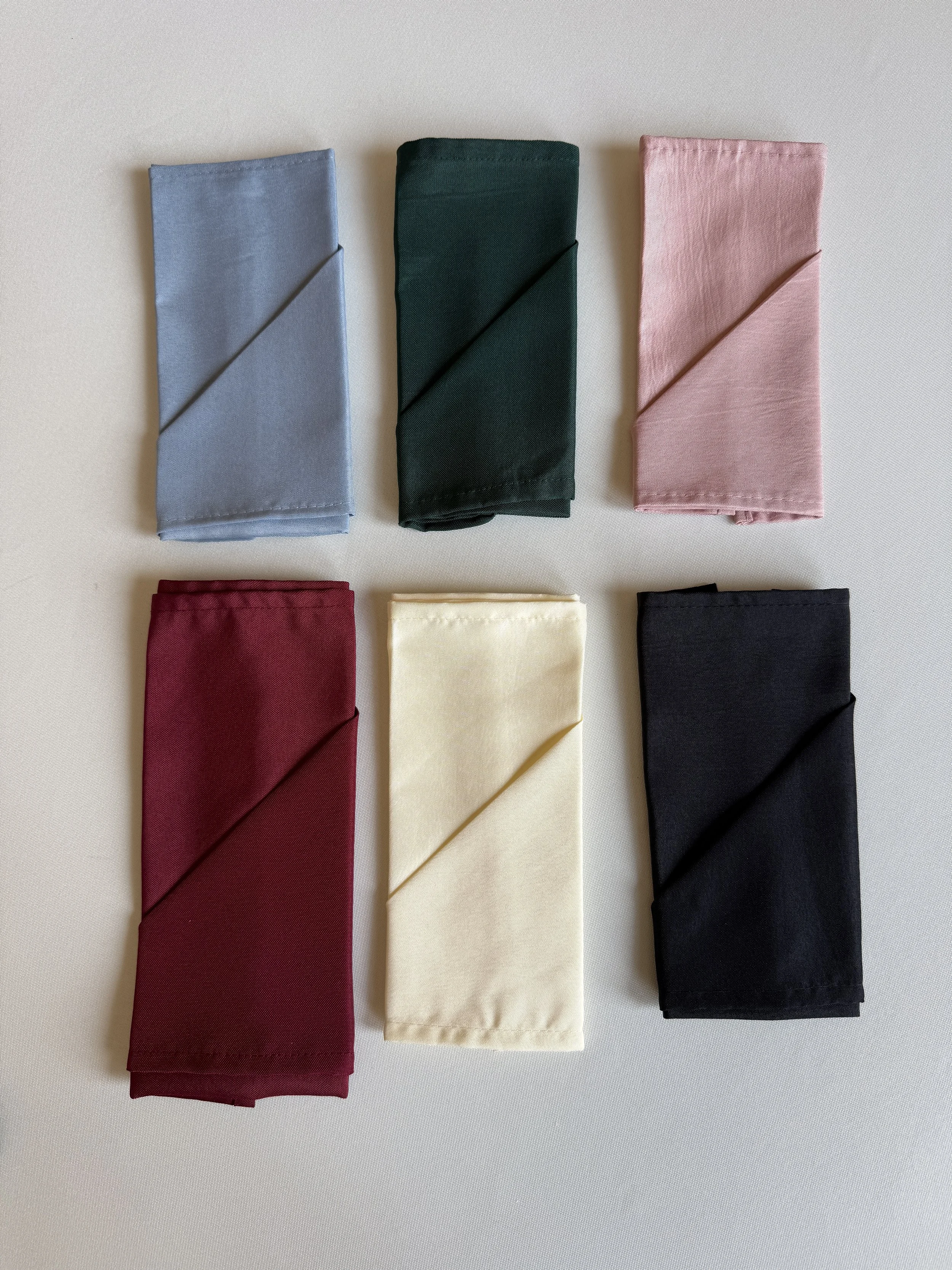 Cloth Napkin Choices
Pale Blue 
Forrest Green 
Blush Pink
Maroon
Ivory
Black